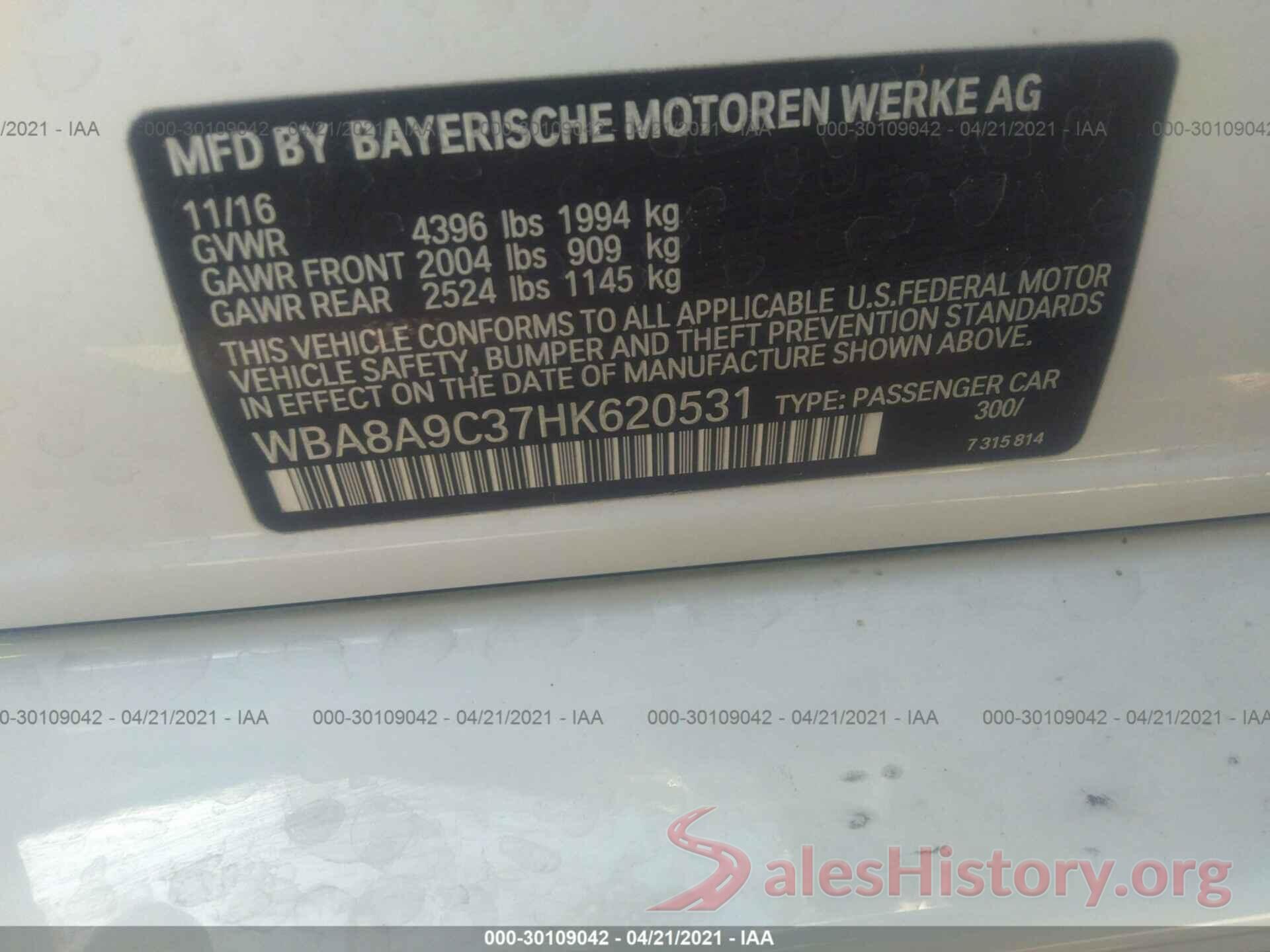 WBA8A9C37HK620531 2017 BMW 3 SERIES