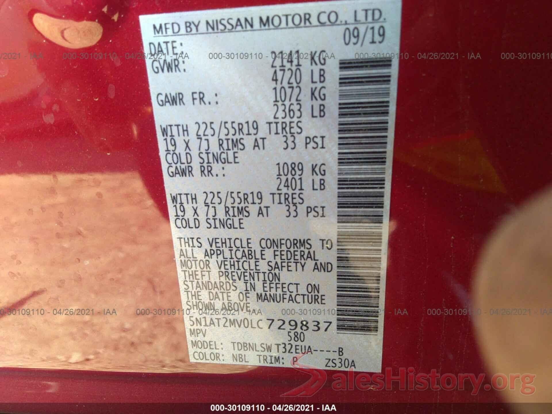 5N1AT2MV0LC729837 2020 NISSAN ROGUE