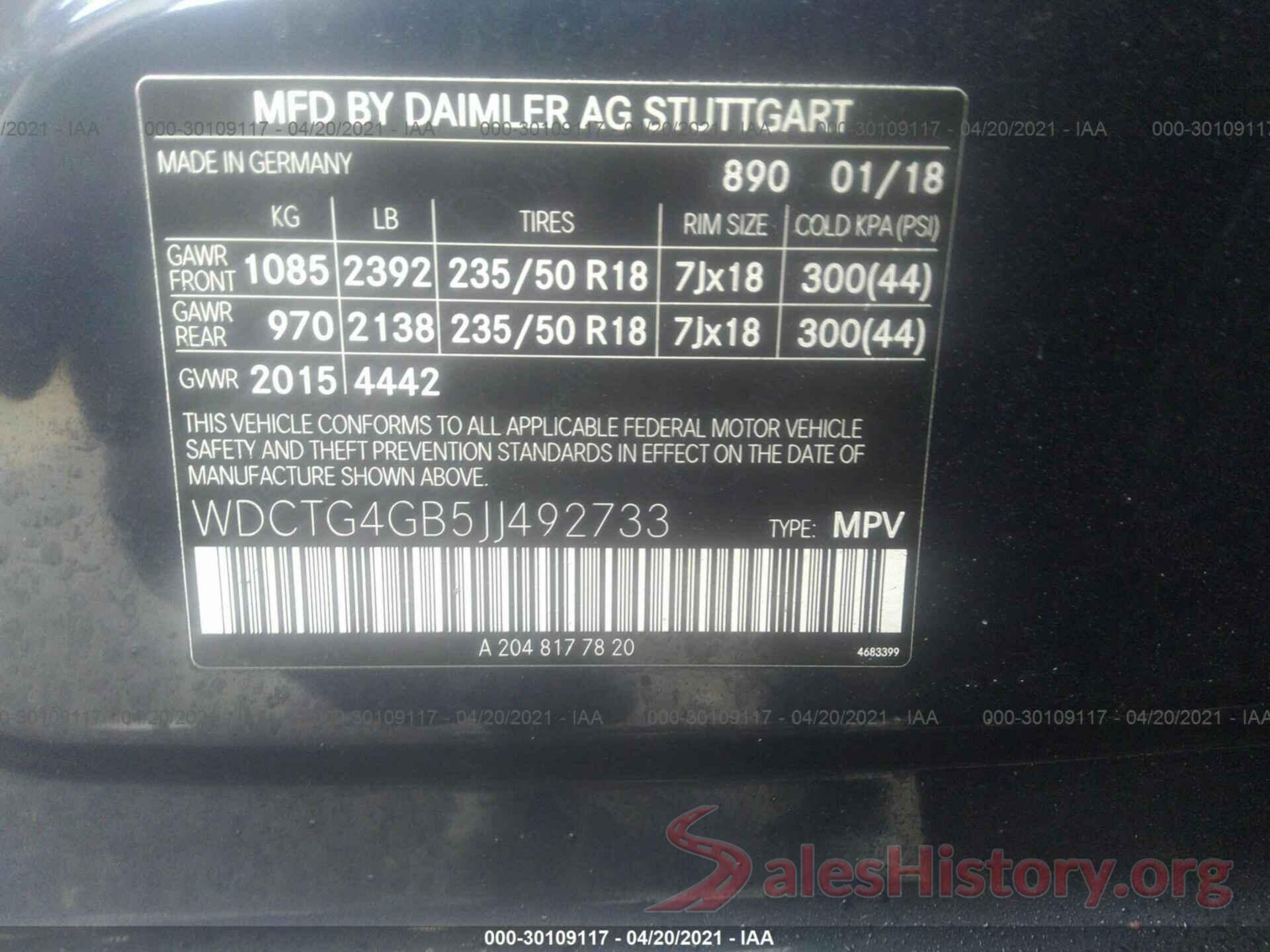 WDCTG4GB5JJ492733 2018 MERCEDES-BENZ GLA