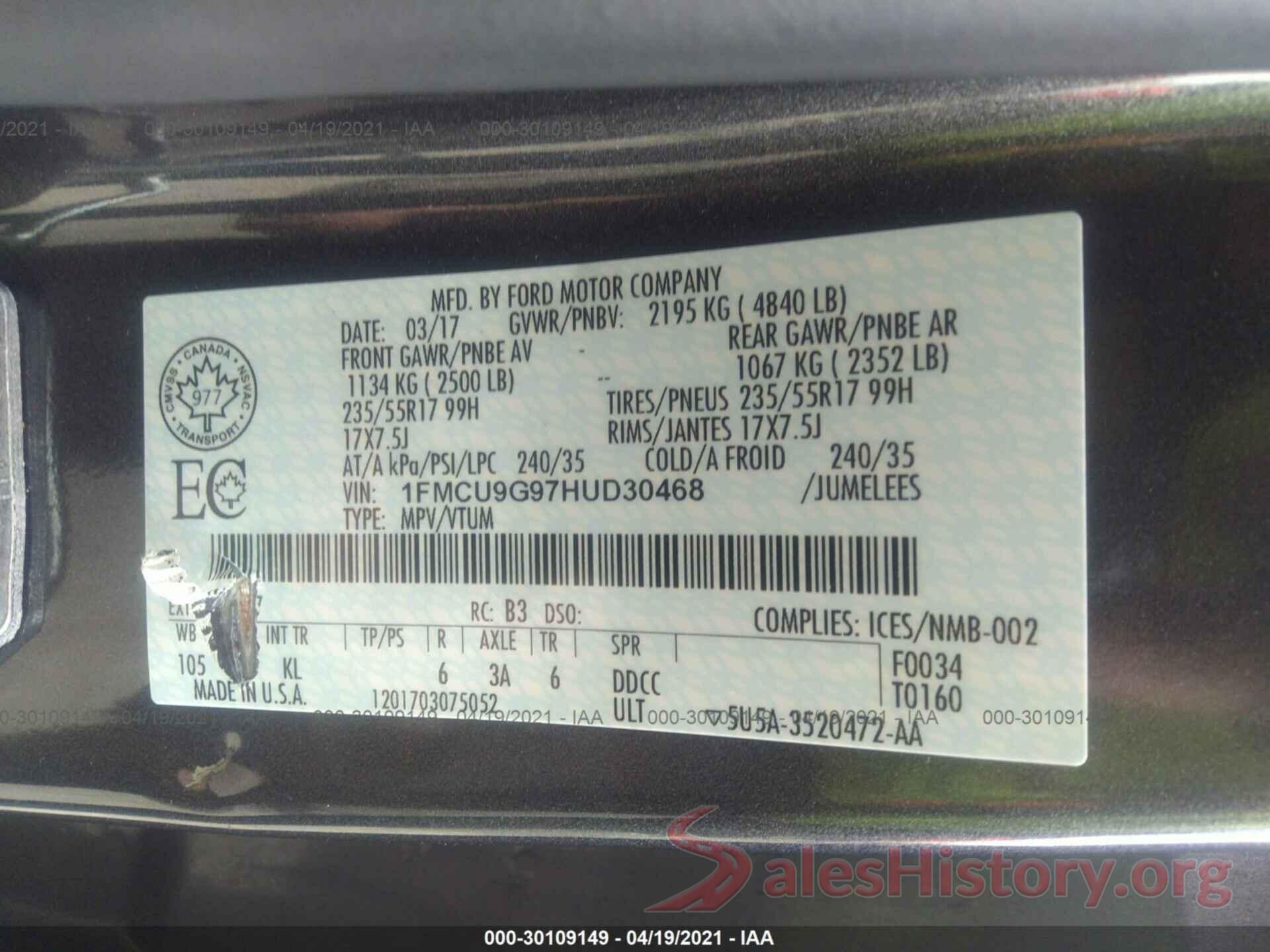 1FMCU9G97HUD30468 2017 FORD ESCAPE