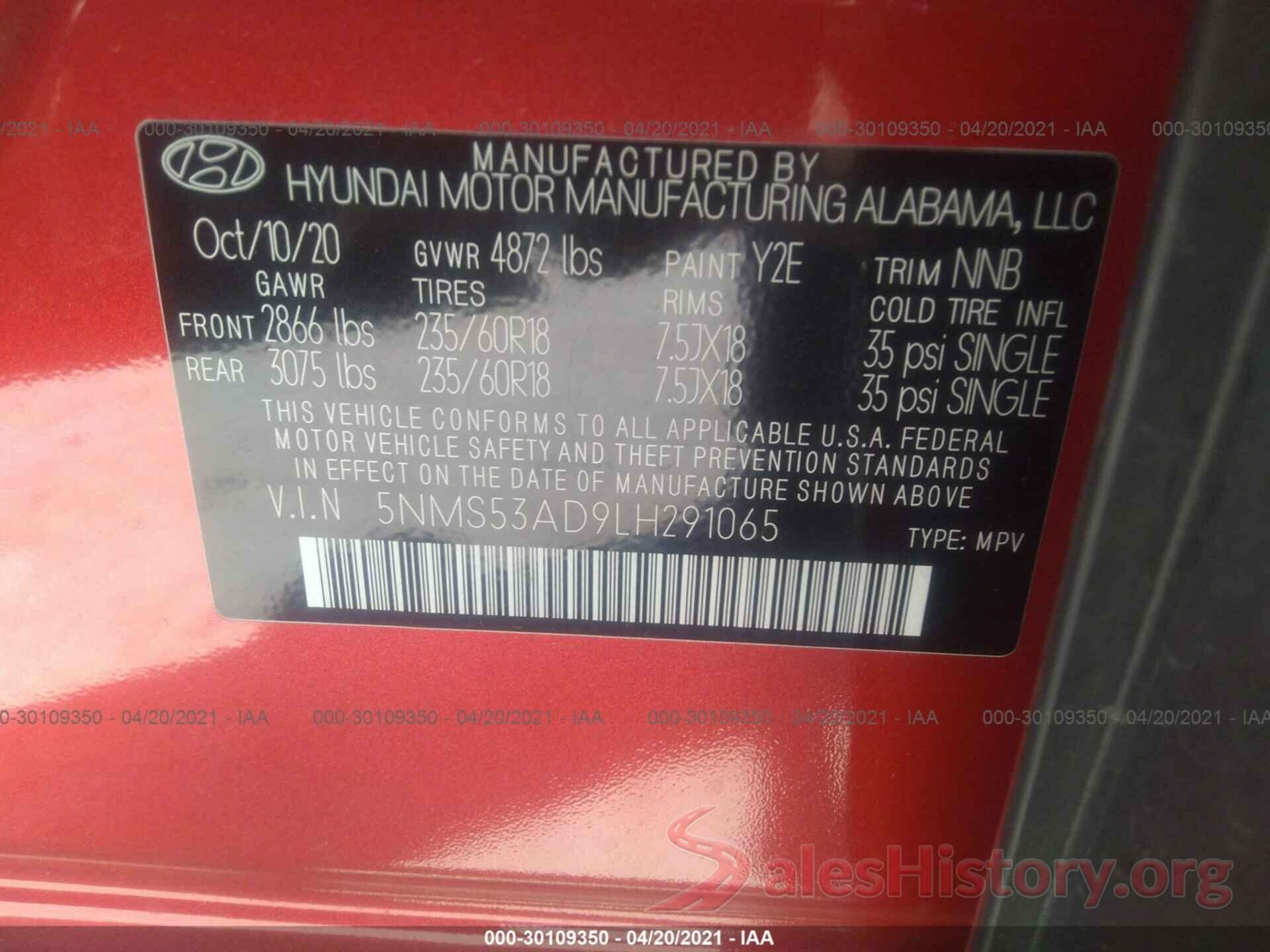 5NMS53AD9LH291065 2020 HYUNDAI SANTA FE