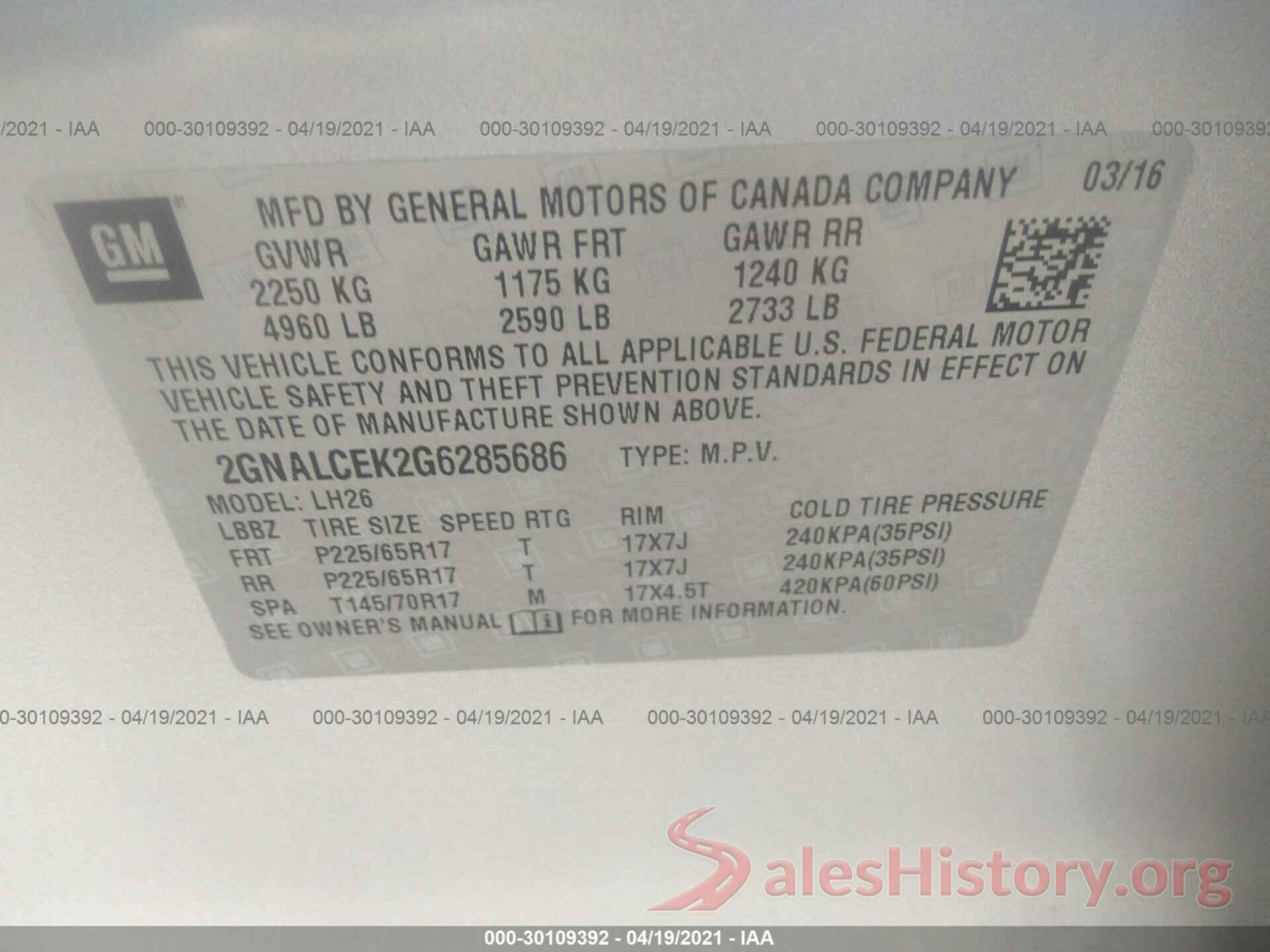 2GNALCEK2G6285686 2016 CHEVROLET EQUINOX