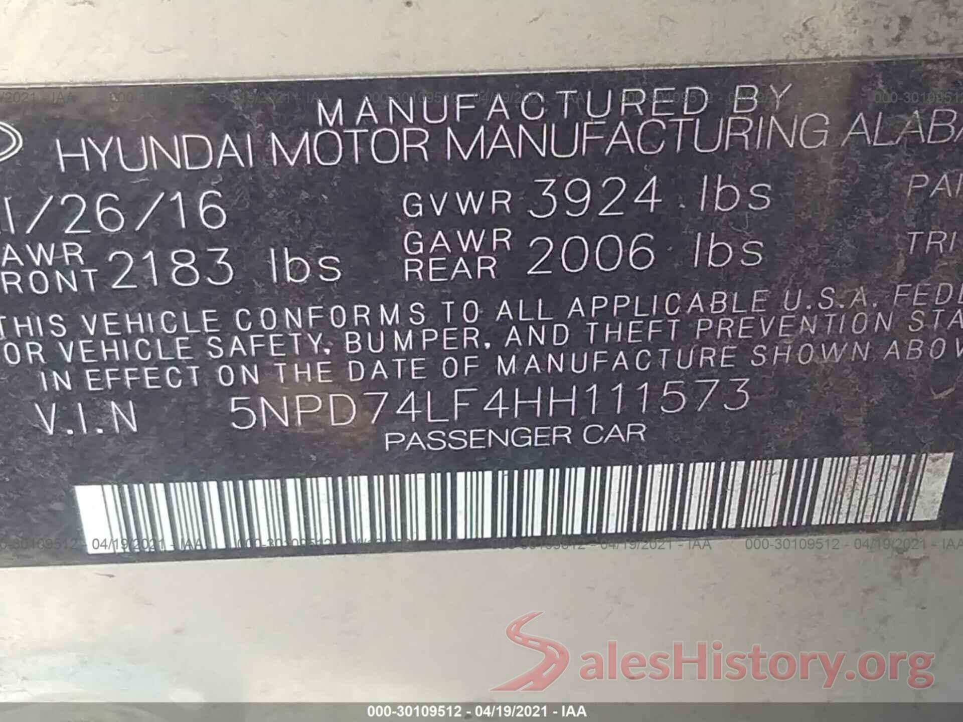 5NPD74LF4HH111573 2017 HYUNDAI ELANTRA