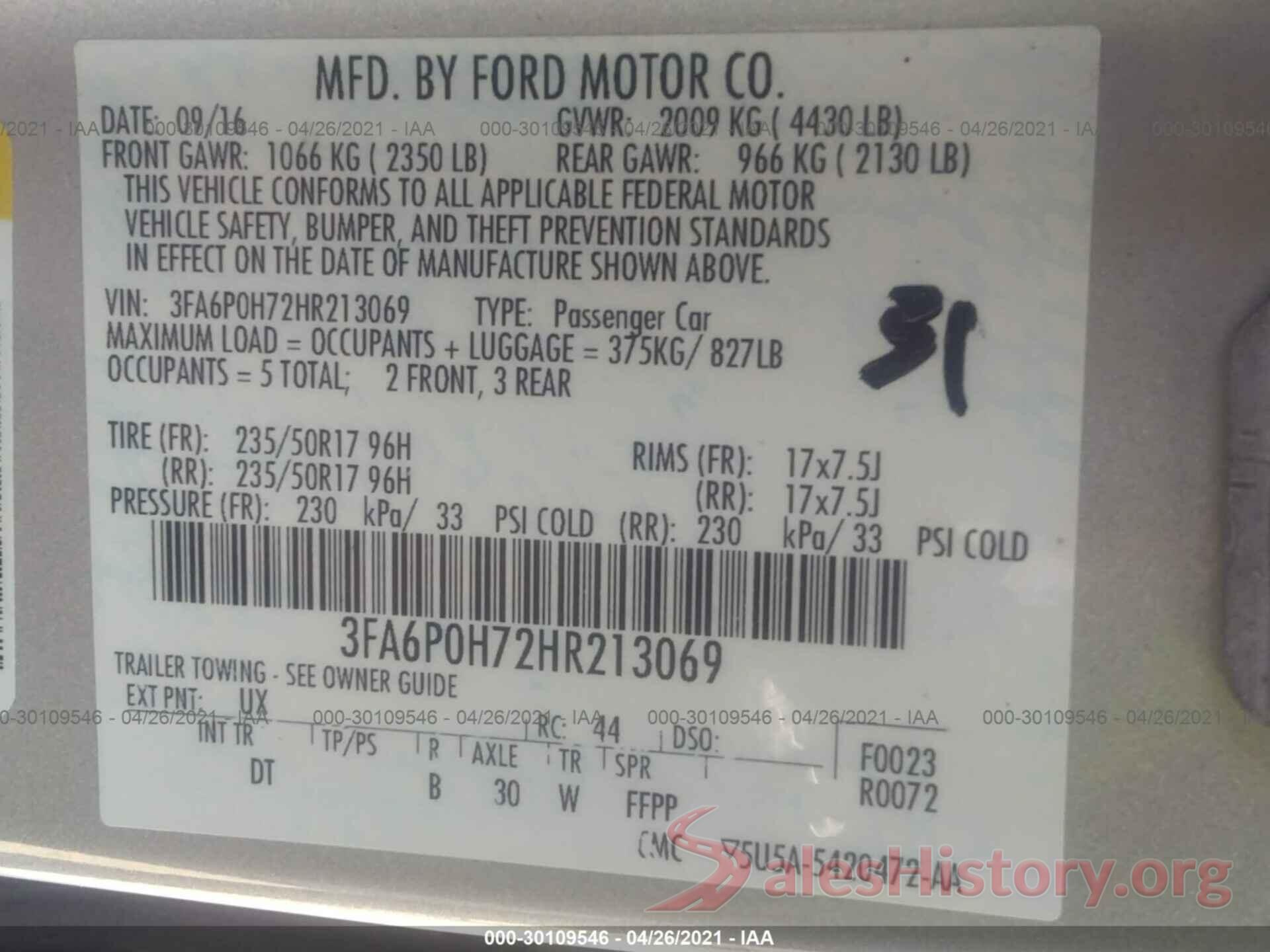 3FA6P0H72HR213069 2017 FORD FUSION