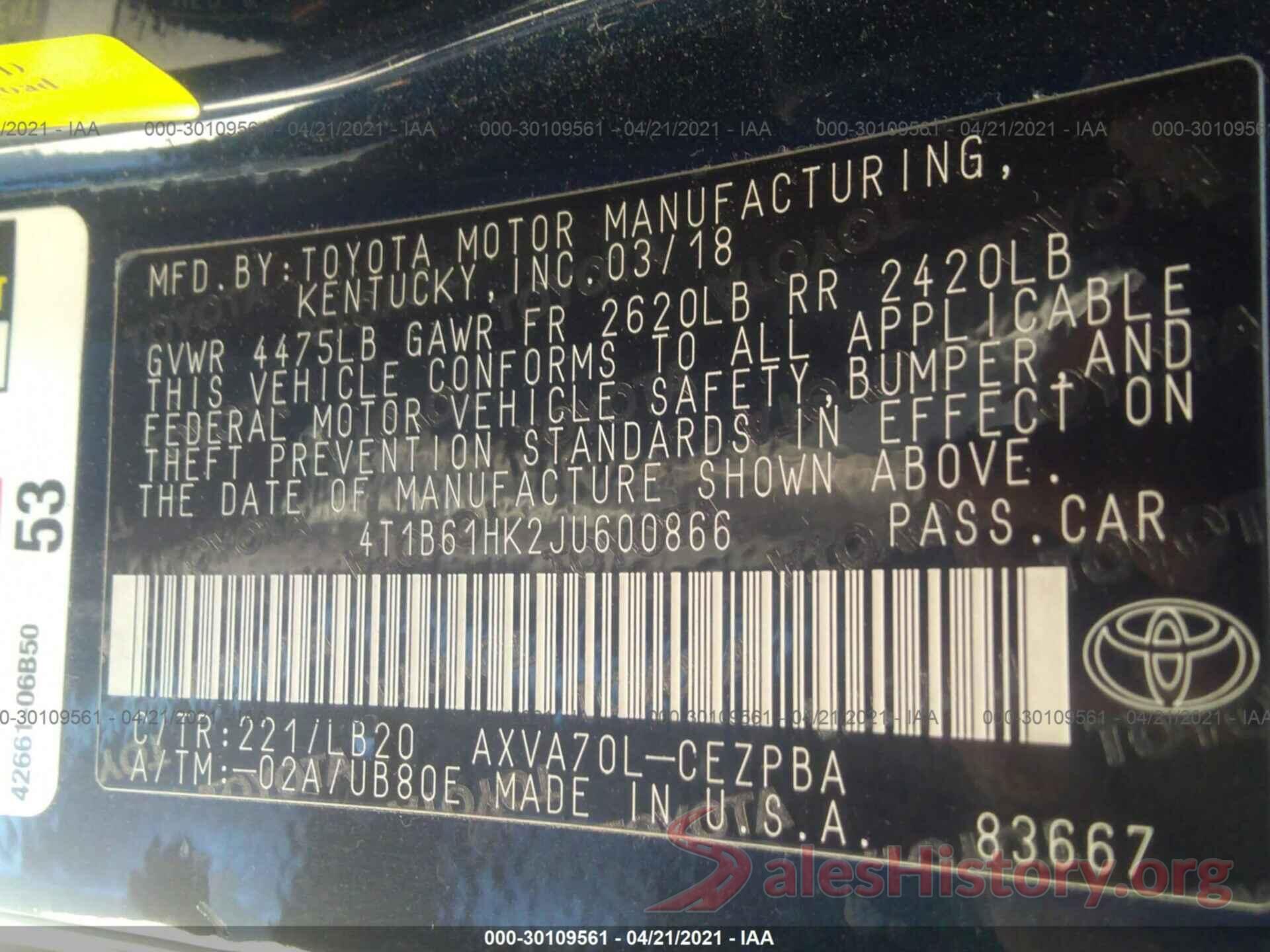 4T1B61HK2JU600866 2018 TOYOTA CAMRY