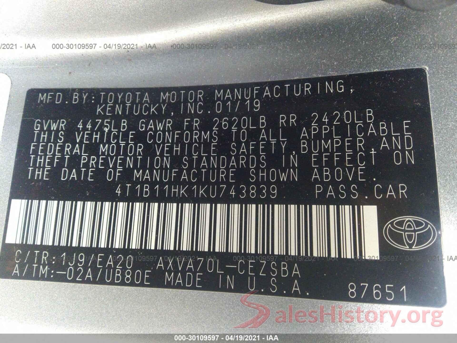 4T1B11HK1KU743839 2019 TOYOTA CAMRY