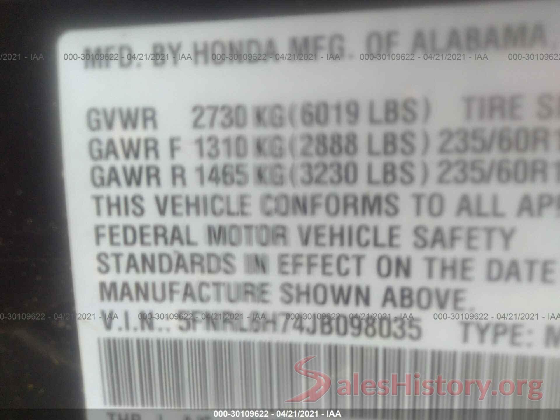 5FNRL6H74JB098035 2018 HONDA ODYSSEY