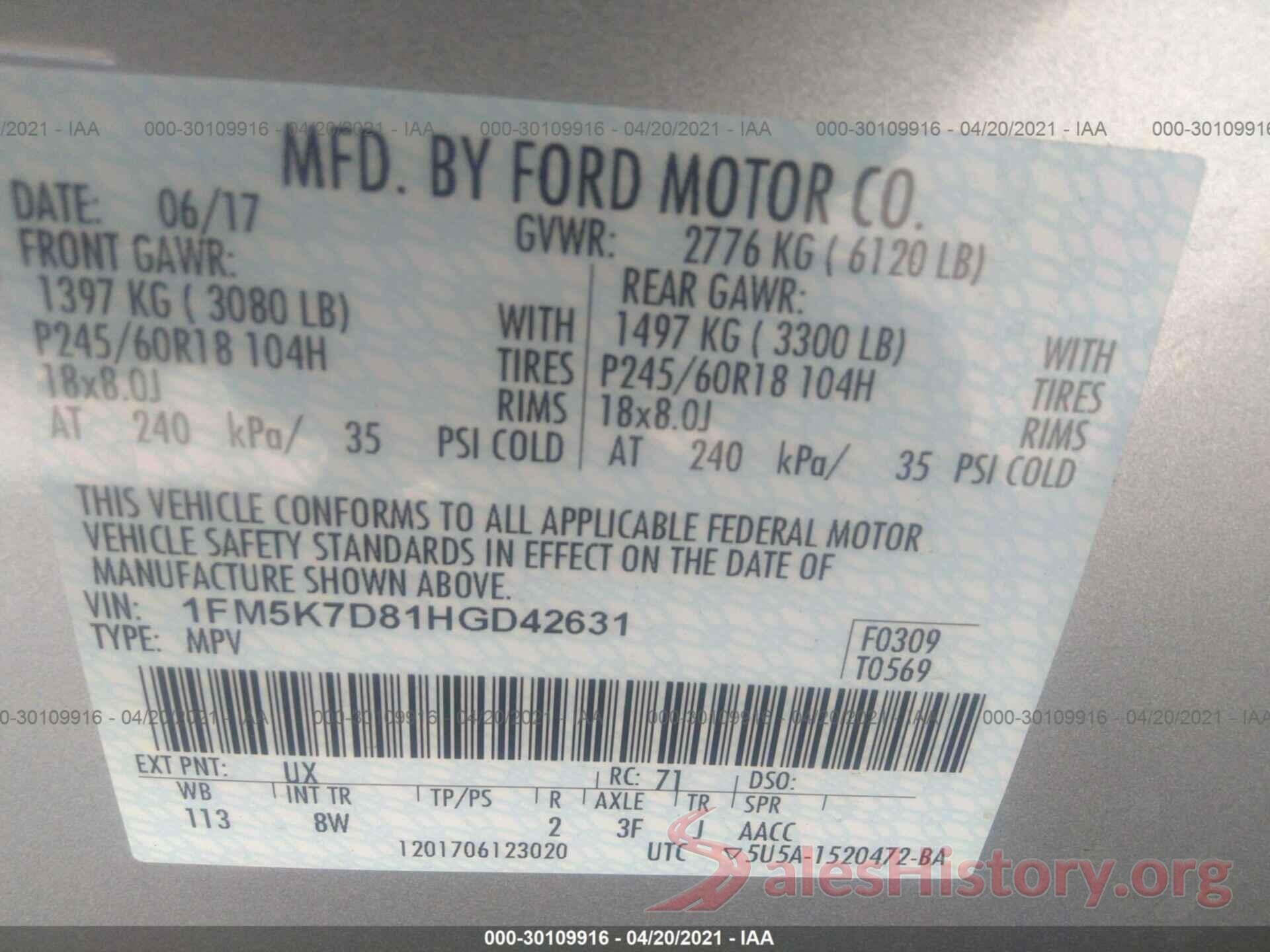 1FM5K7D81HGD42631 2017 FORD EXPLORER