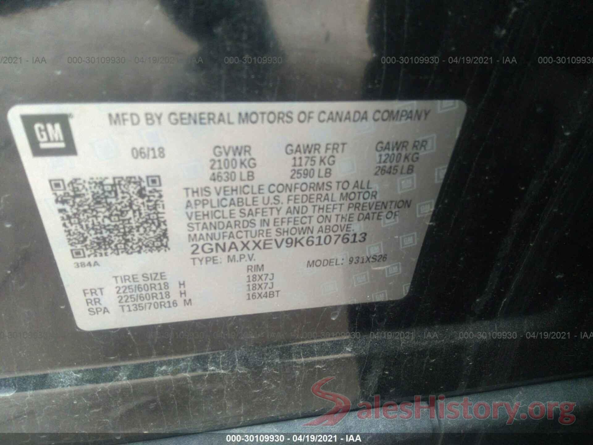 2GNAXXEV9K6107613 2019 CHEVROLET EQUINOX