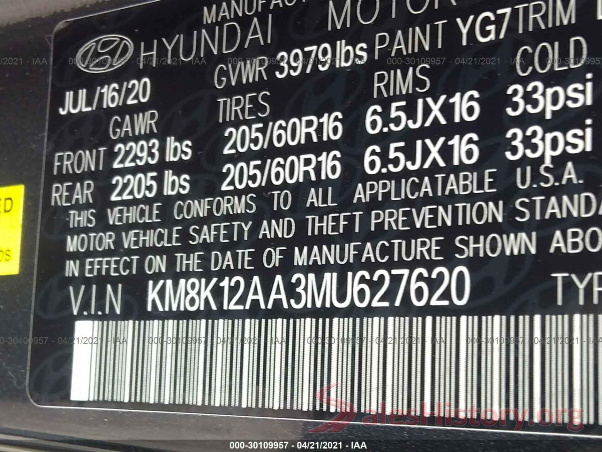 KM8K12AA3MU627620 2021 HYUNDAI KONA