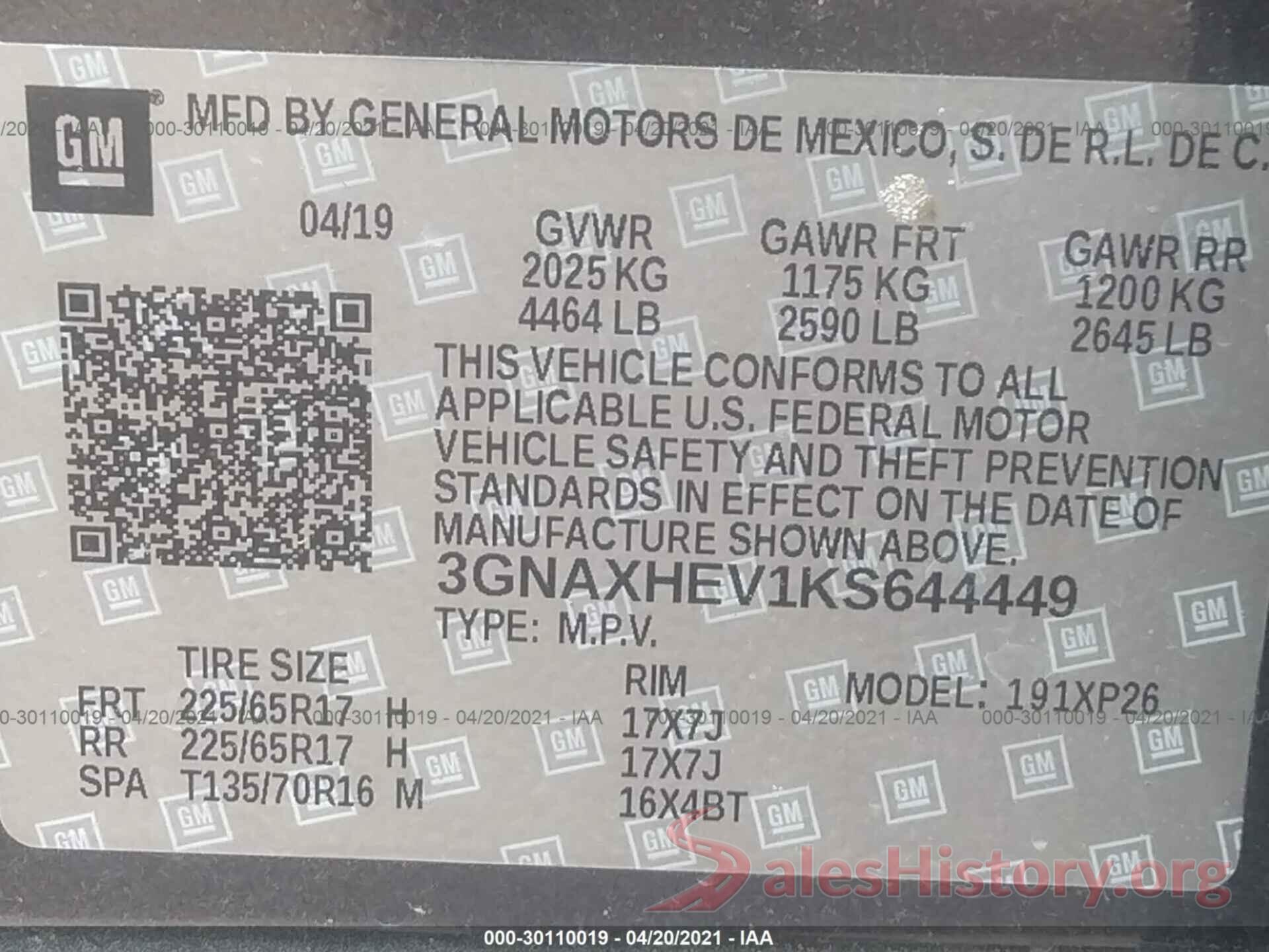 3GNAXHEV1KS644449 2019 CHEVROLET EQUINOX