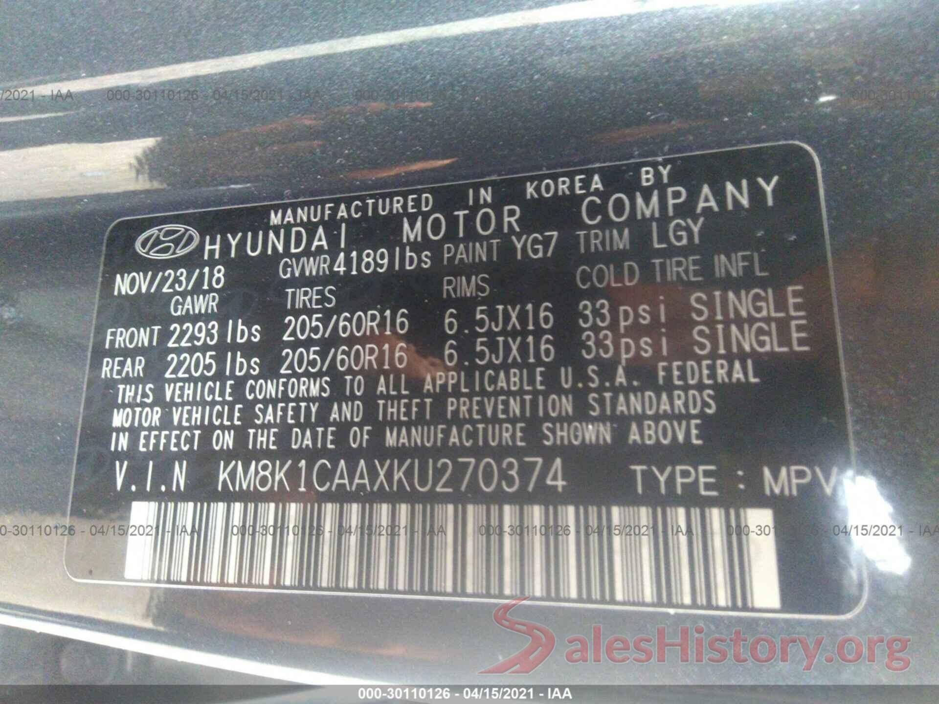 KM8K1CAAXKU270374 2019 HYUNDAI KONA