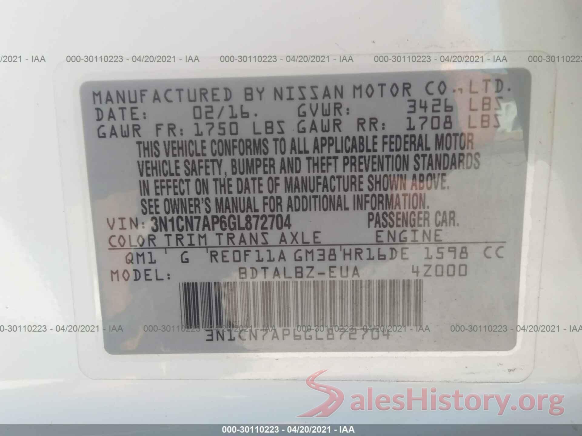 3N1CN7AP6GL872704 2016 NISSAN VERSA