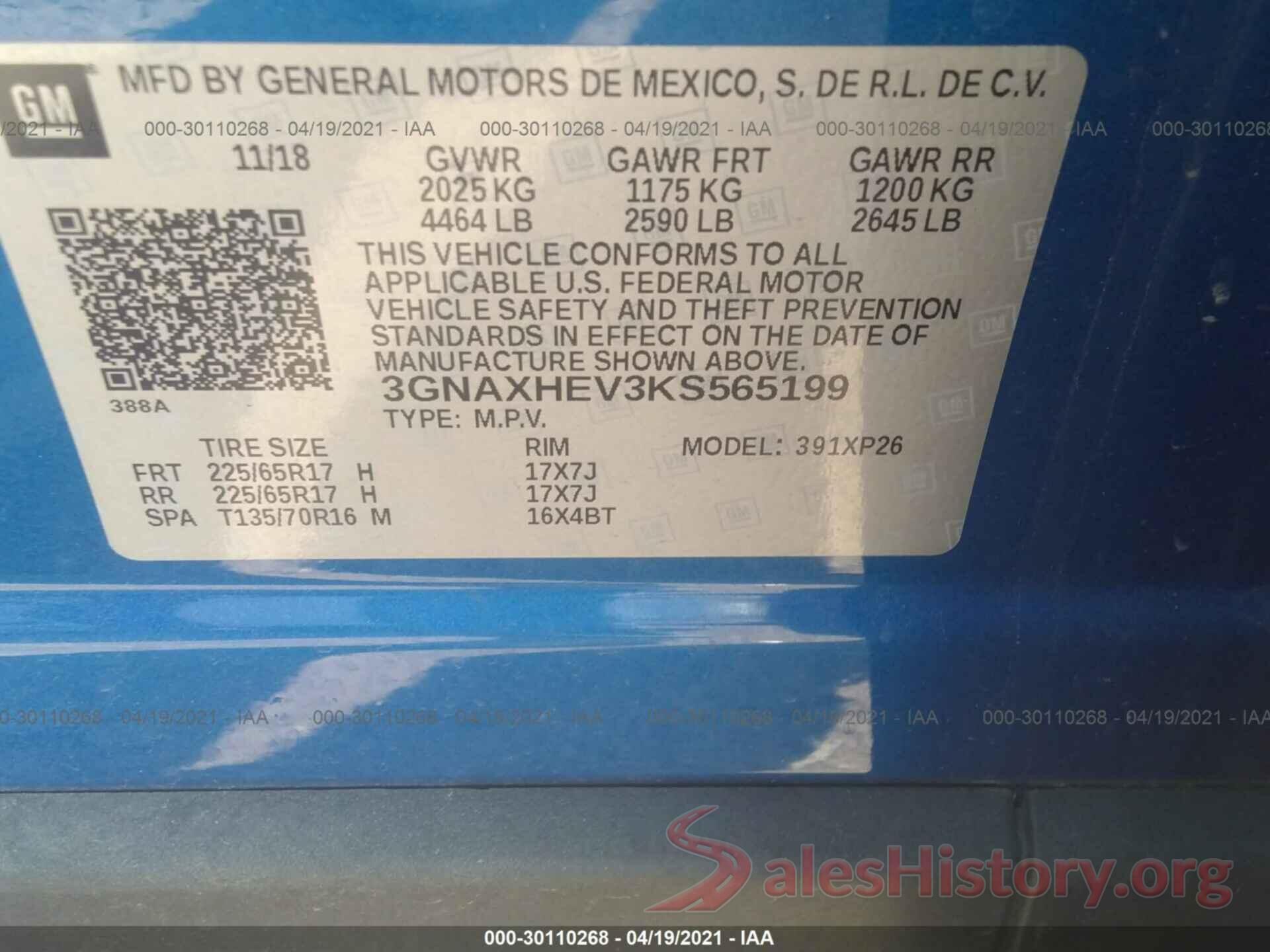 3GNAXHEV3KS565199 2019 CHEVROLET EQUINOX