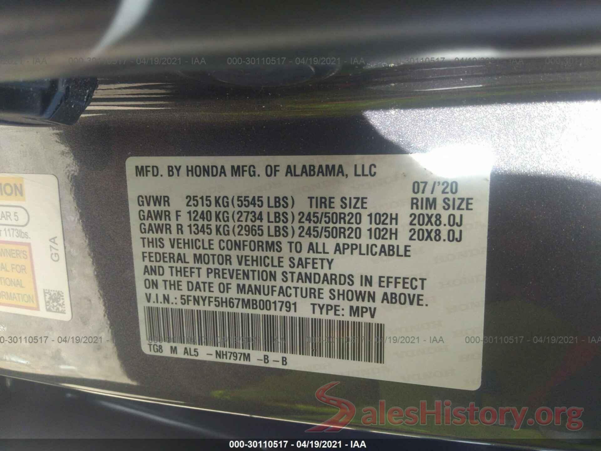 5FNYF5H67MB001791 2021 HONDA PILOT