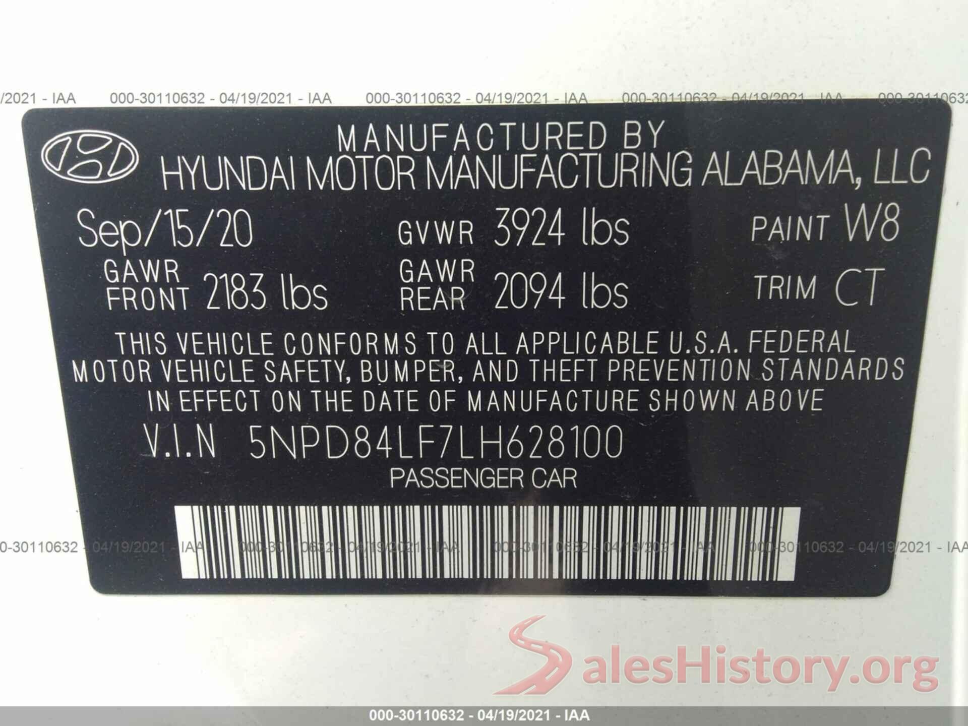 5NPD84LF7LH628100 2020 HYUNDAI ELANTRA