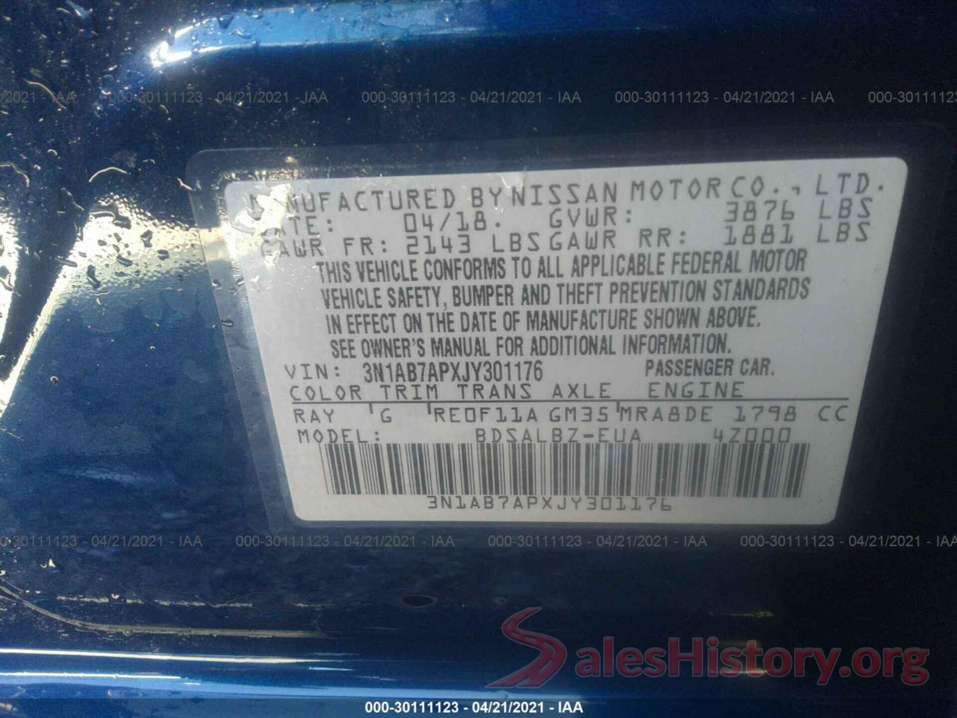 3N1AB7APXJY301176 2018 NISSAN SENTRA