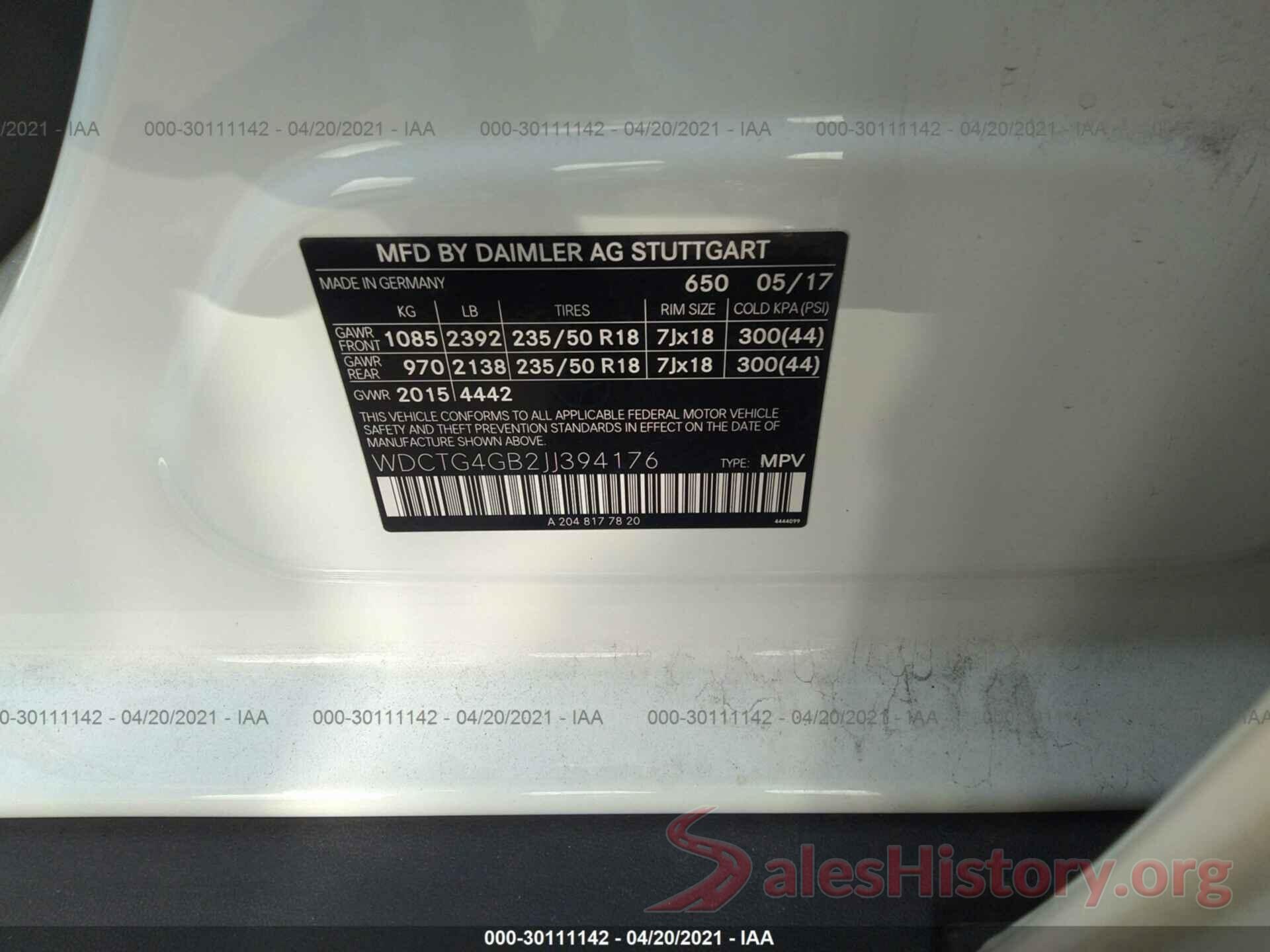 WDCTG4GB2JJ394176 2018 MERCEDES-BENZ GLA