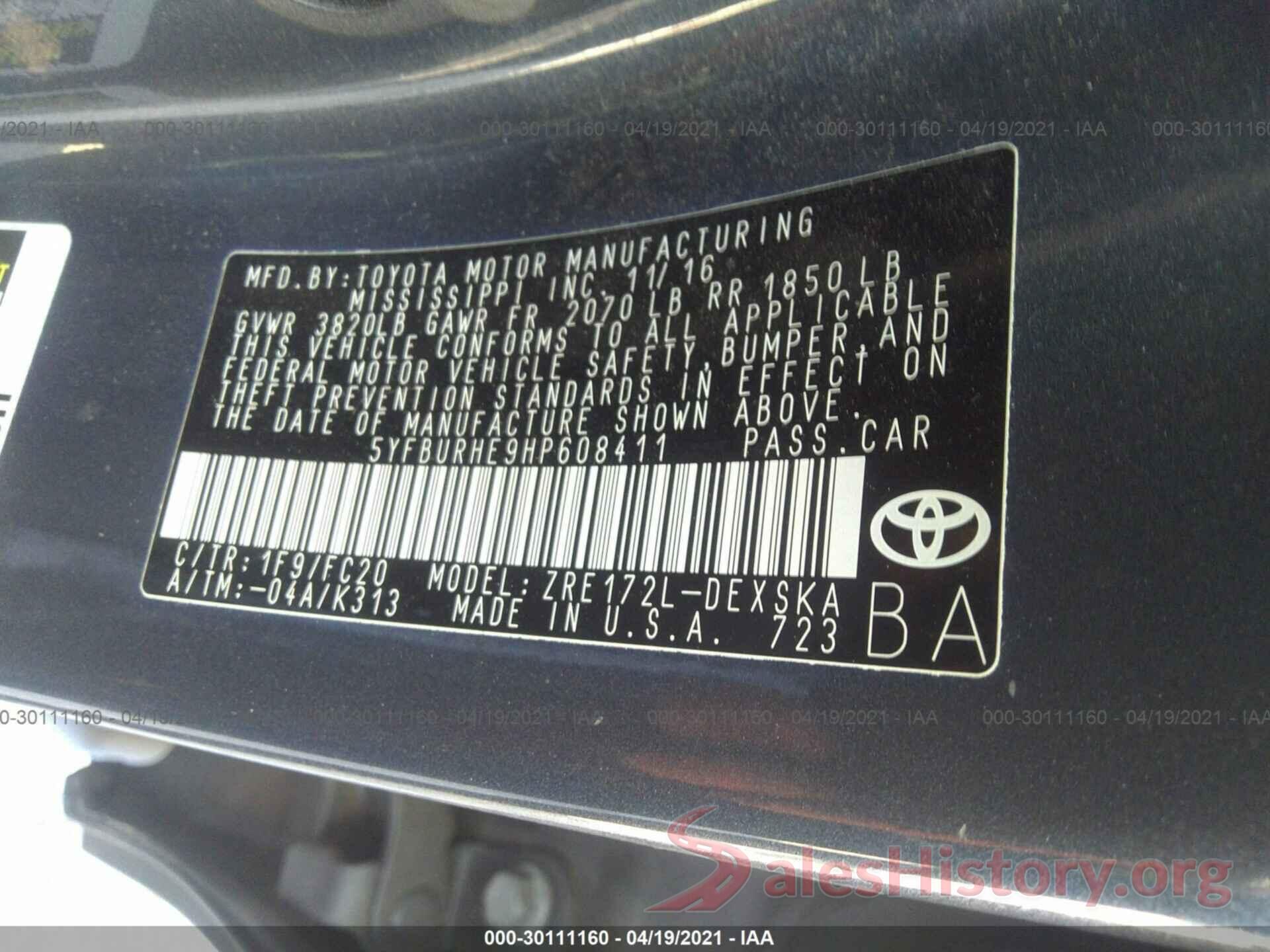 5YFBURHE9HP608411 2017 TOYOTA COROLLA