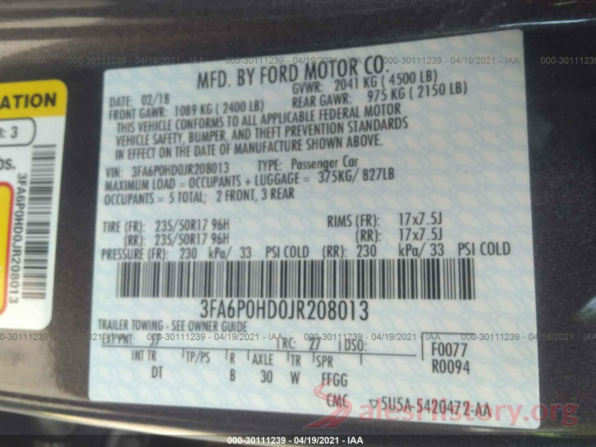 3FA6P0HD0JR208013 2018 FORD FUSION