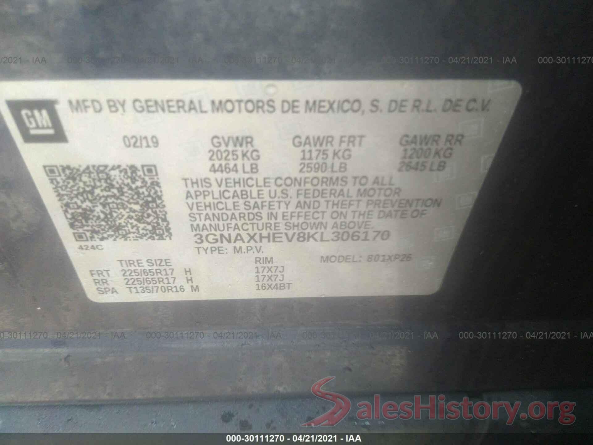 3GNAXHEV8KL306170 2019 CHEVROLET EQUINOX