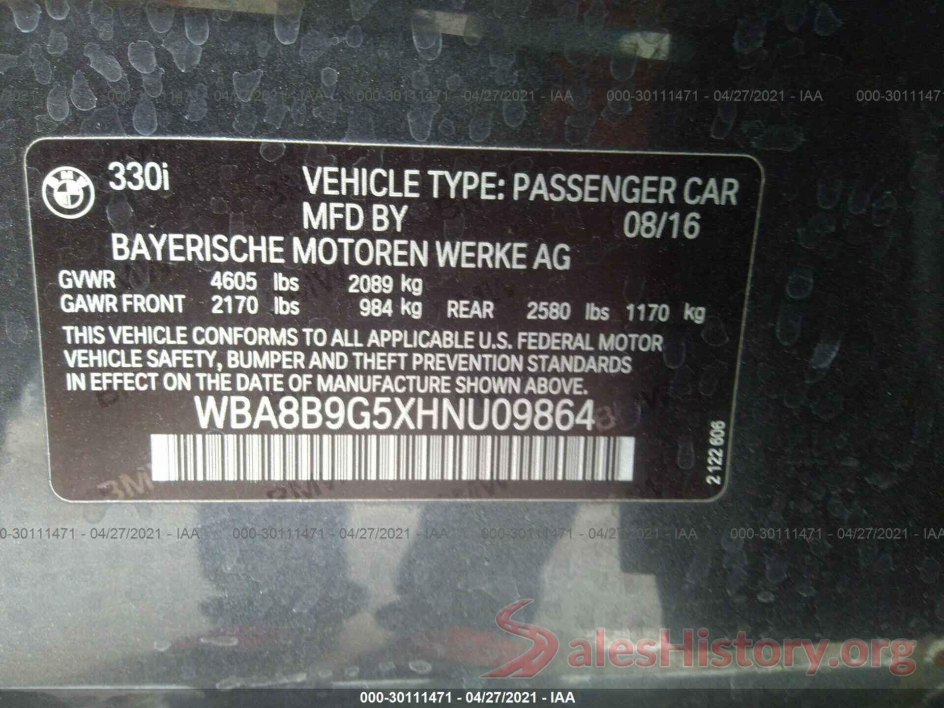 WBA8B9G5XHNU09864 2017 BMW 3 SERIES