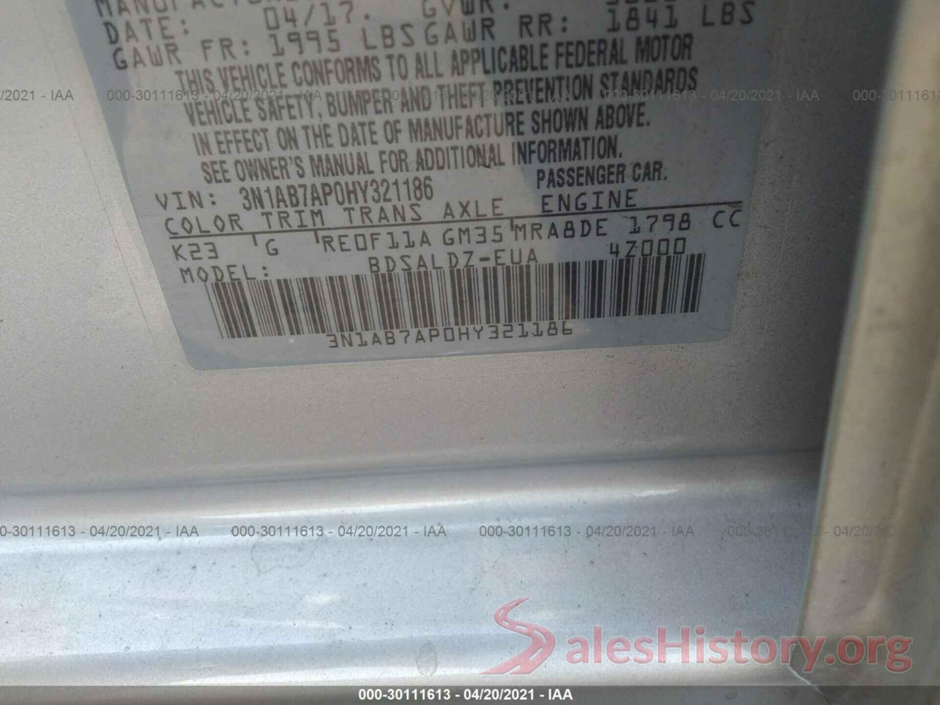 3N1AB7AP0HY321186 2017 NISSAN SENTRA