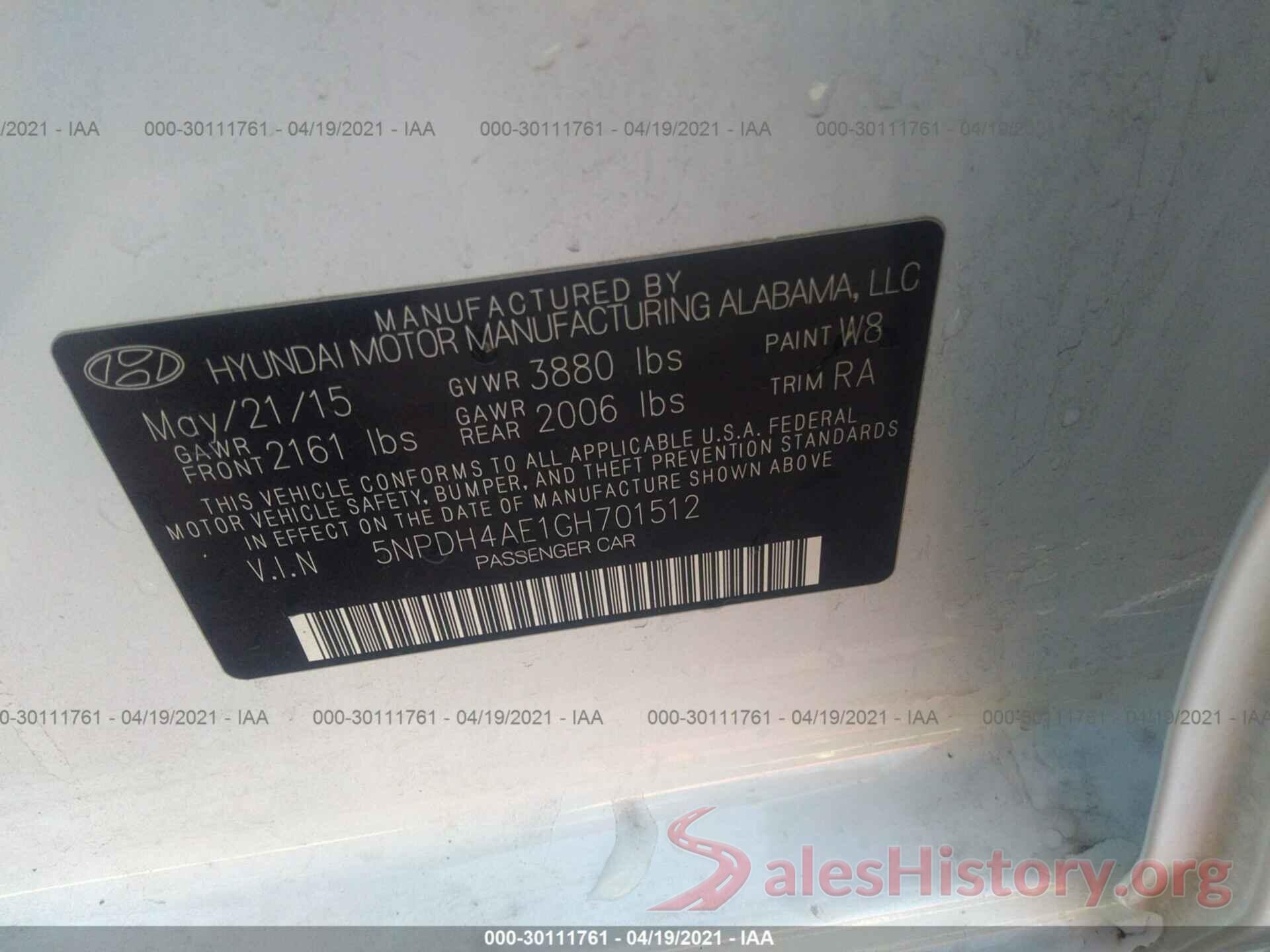 5NPDH4AE1GH701512 2016 HYUNDAI ELANTRA