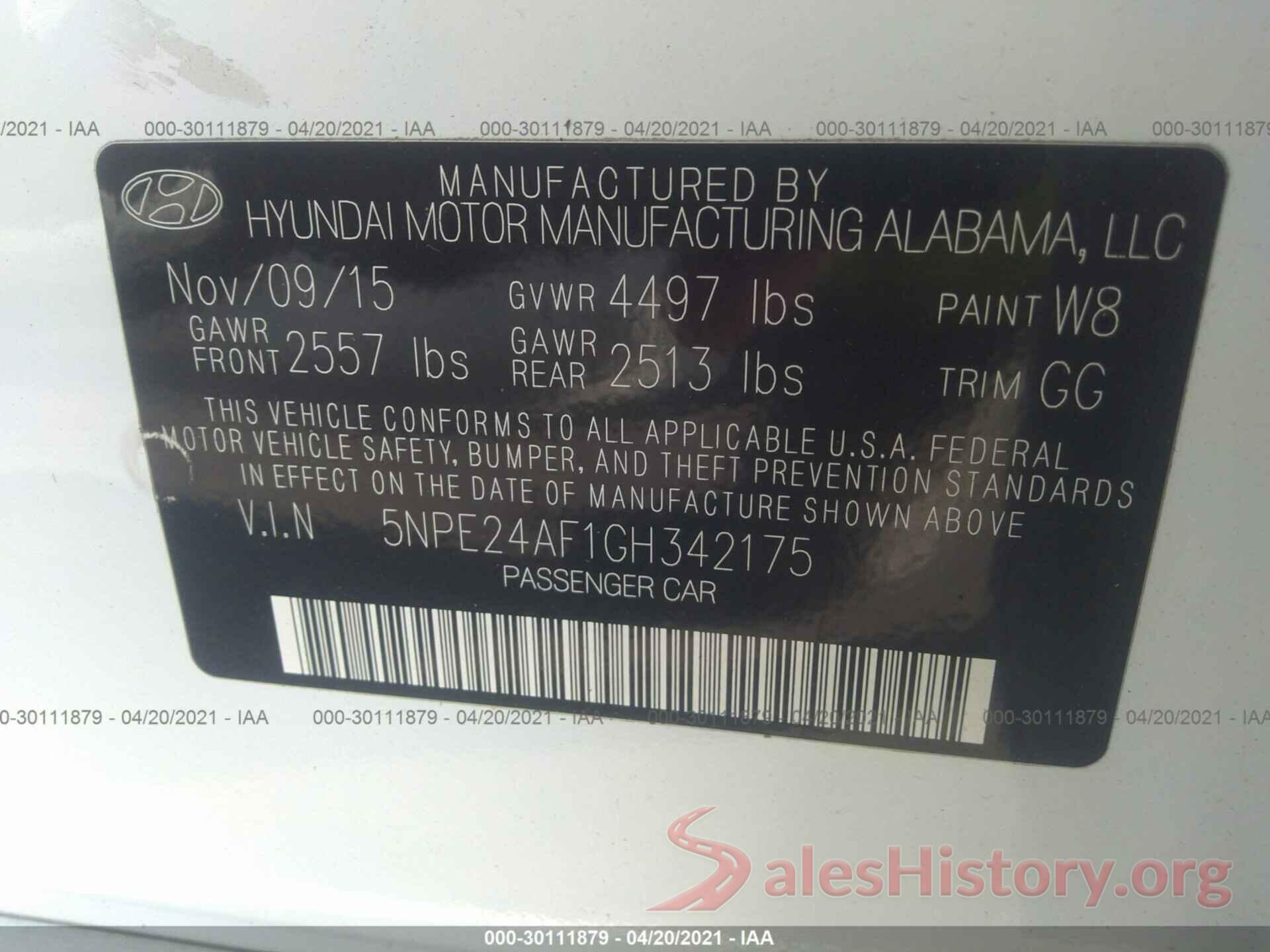 5NPE24AF1GH342175 2016 HYUNDAI SONATA