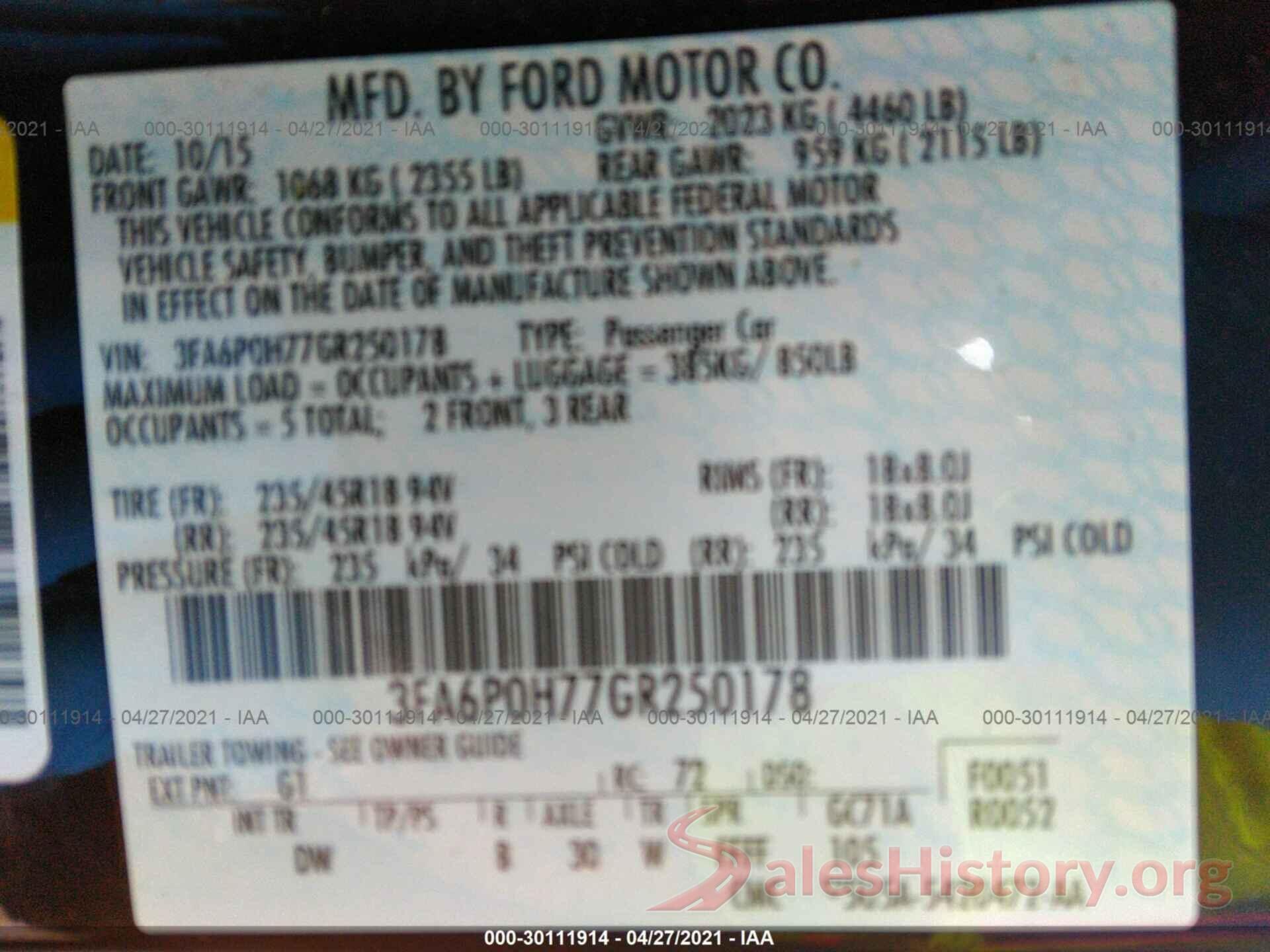 3FA6P0H77GR250178 2016 FORD FUSION