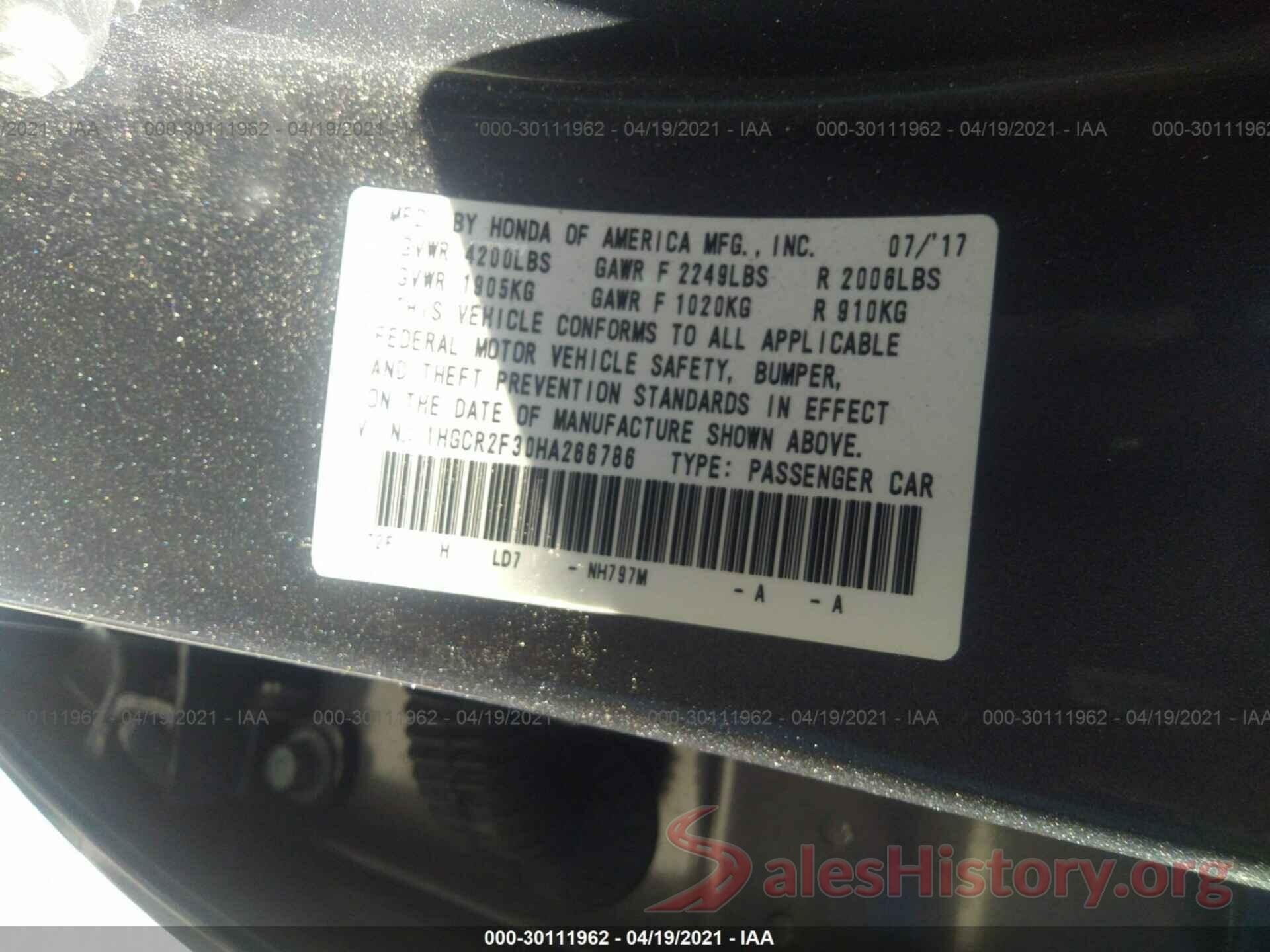 1HGCR2F30HA266786 2017 HONDA ACCORD SEDAN