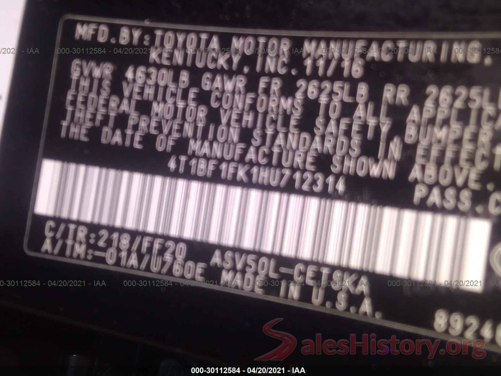 4T1BF1FK1HU712314 2017 TOYOTA CAMRY