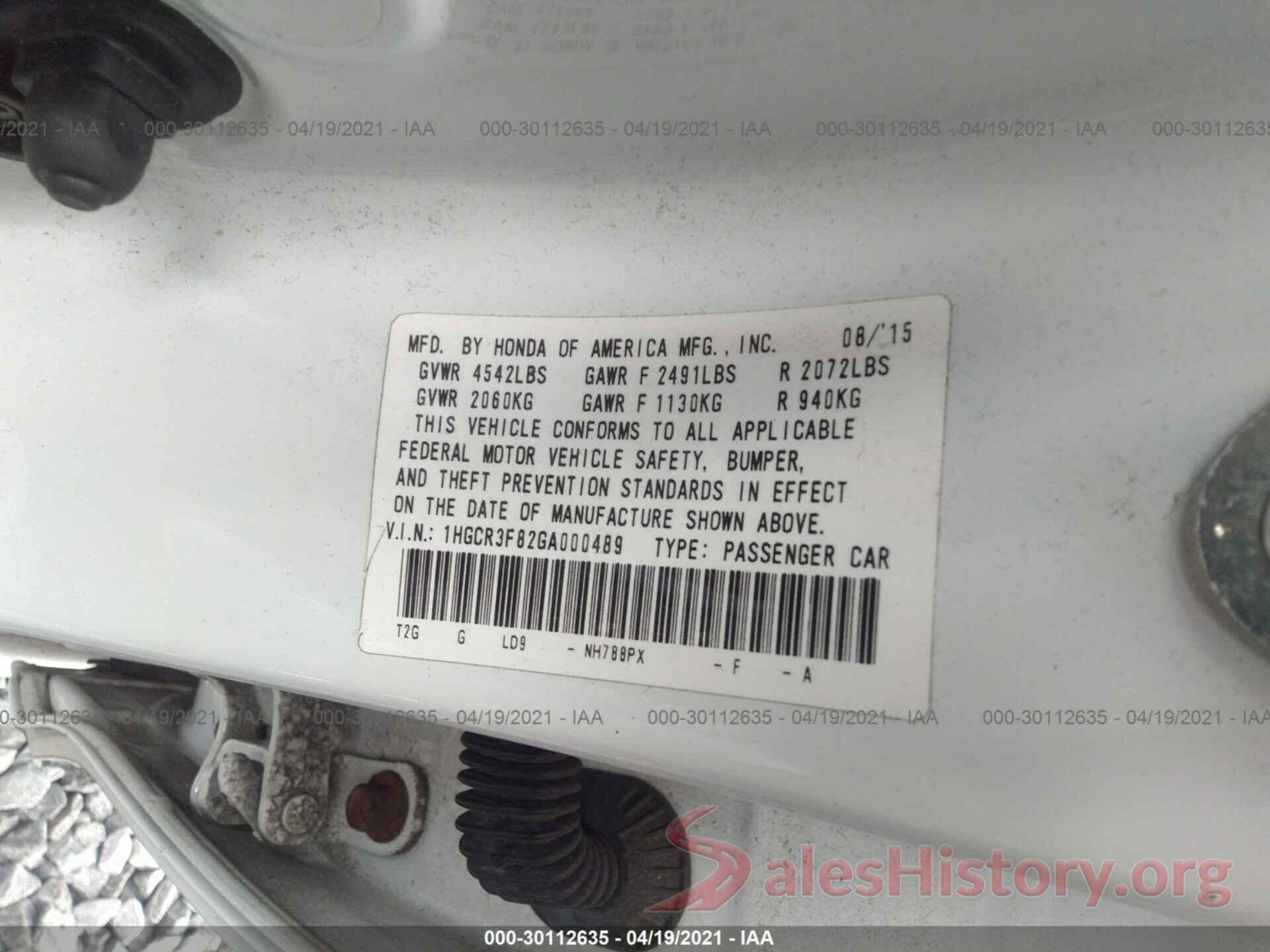 1HGCR3F82GA000489 2016 HONDA ACCORD SEDAN