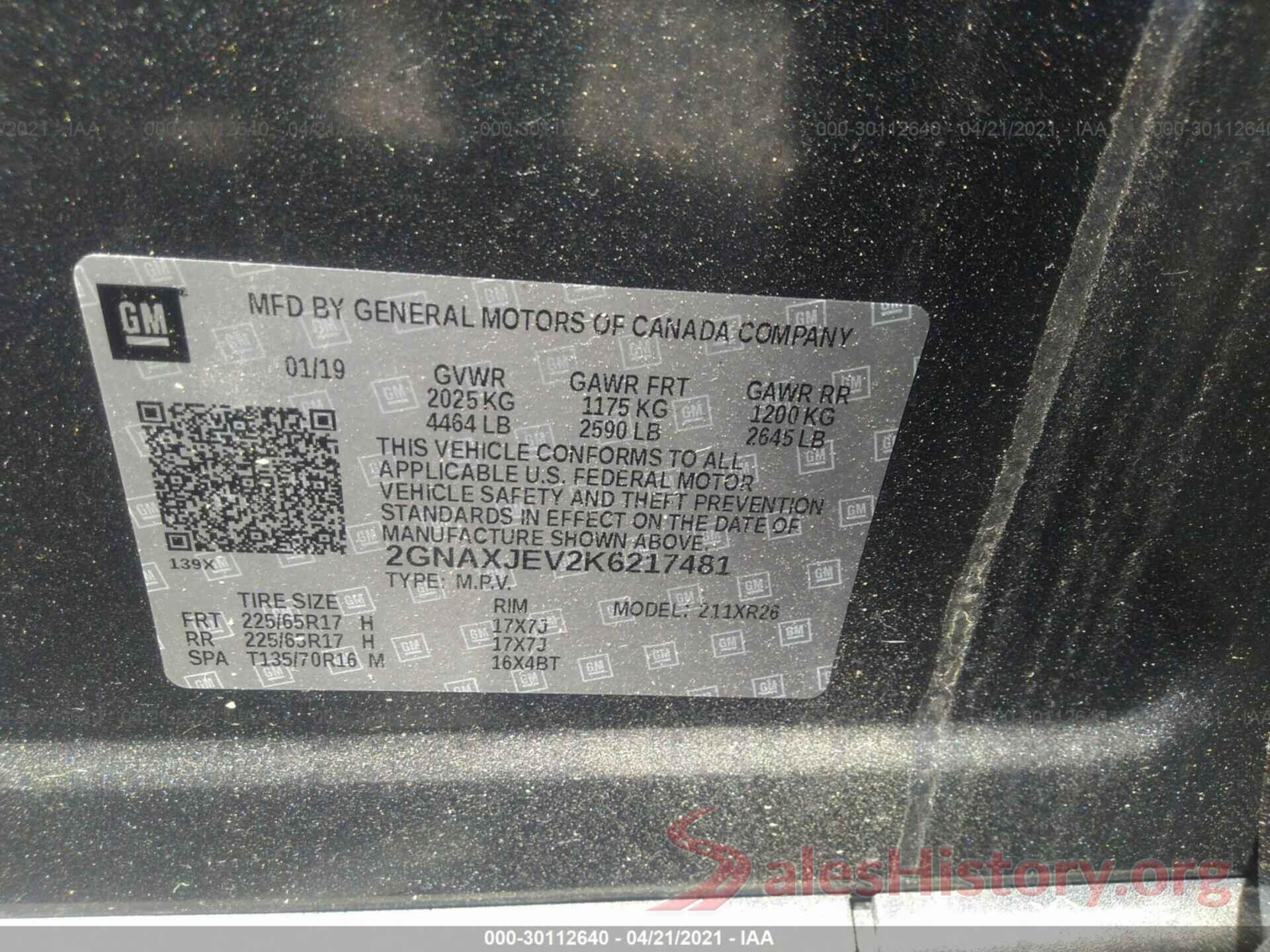 2GNAXJEV2K6217481 2019 CHEVROLET EQUINOX