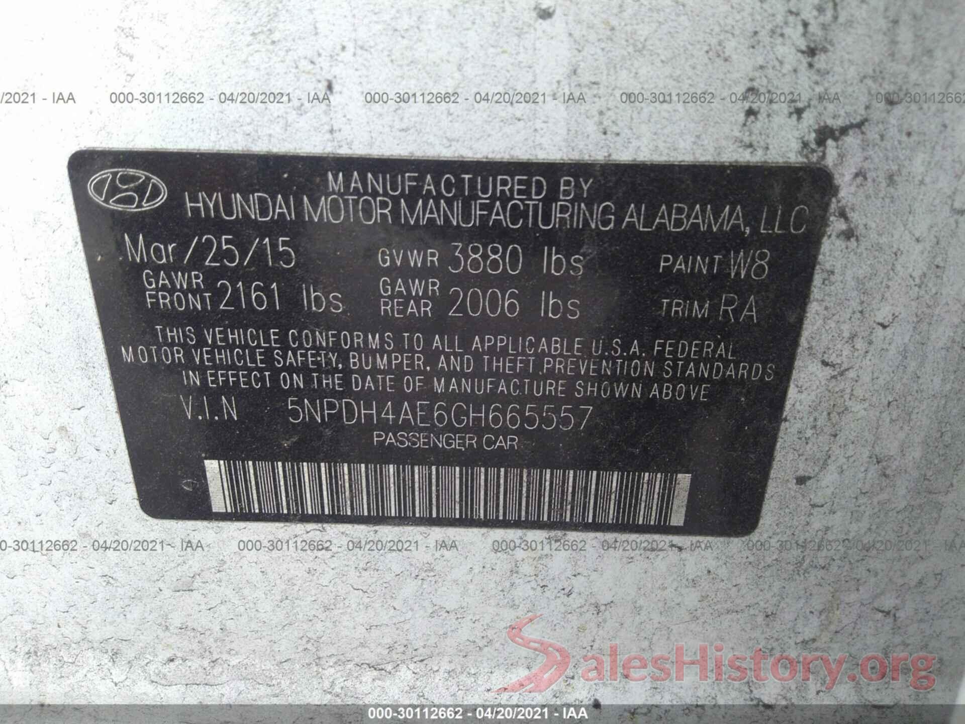 5NPDH4AE6GH665557 2016 HYUNDAI ELANTRA