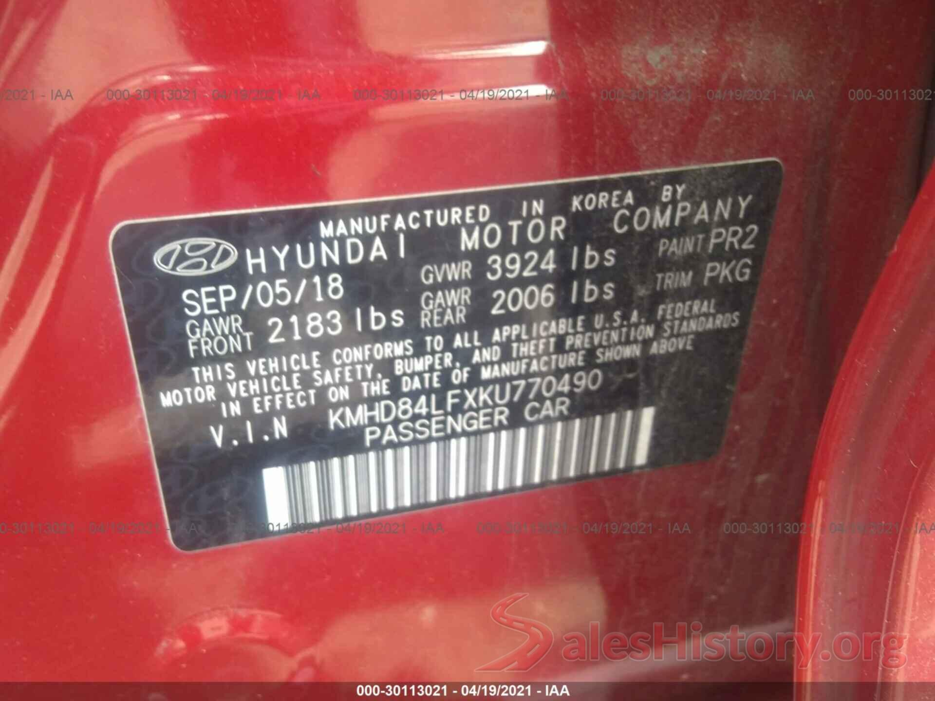 KMHD84LFXKU770490 2019 HYUNDAI ELANTRA