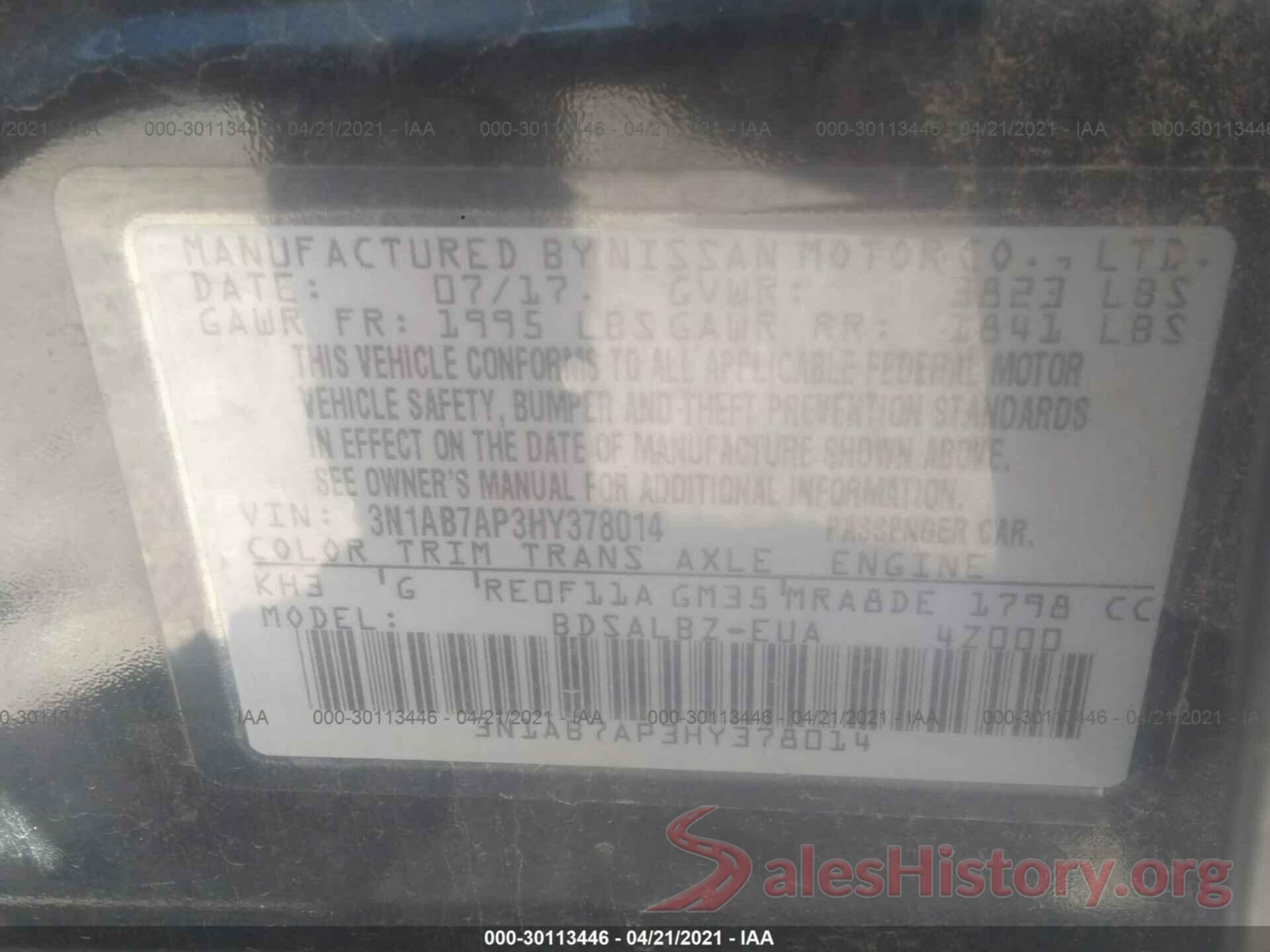 3N1AB7AP3HY378014 2017 NISSAN SENTRA