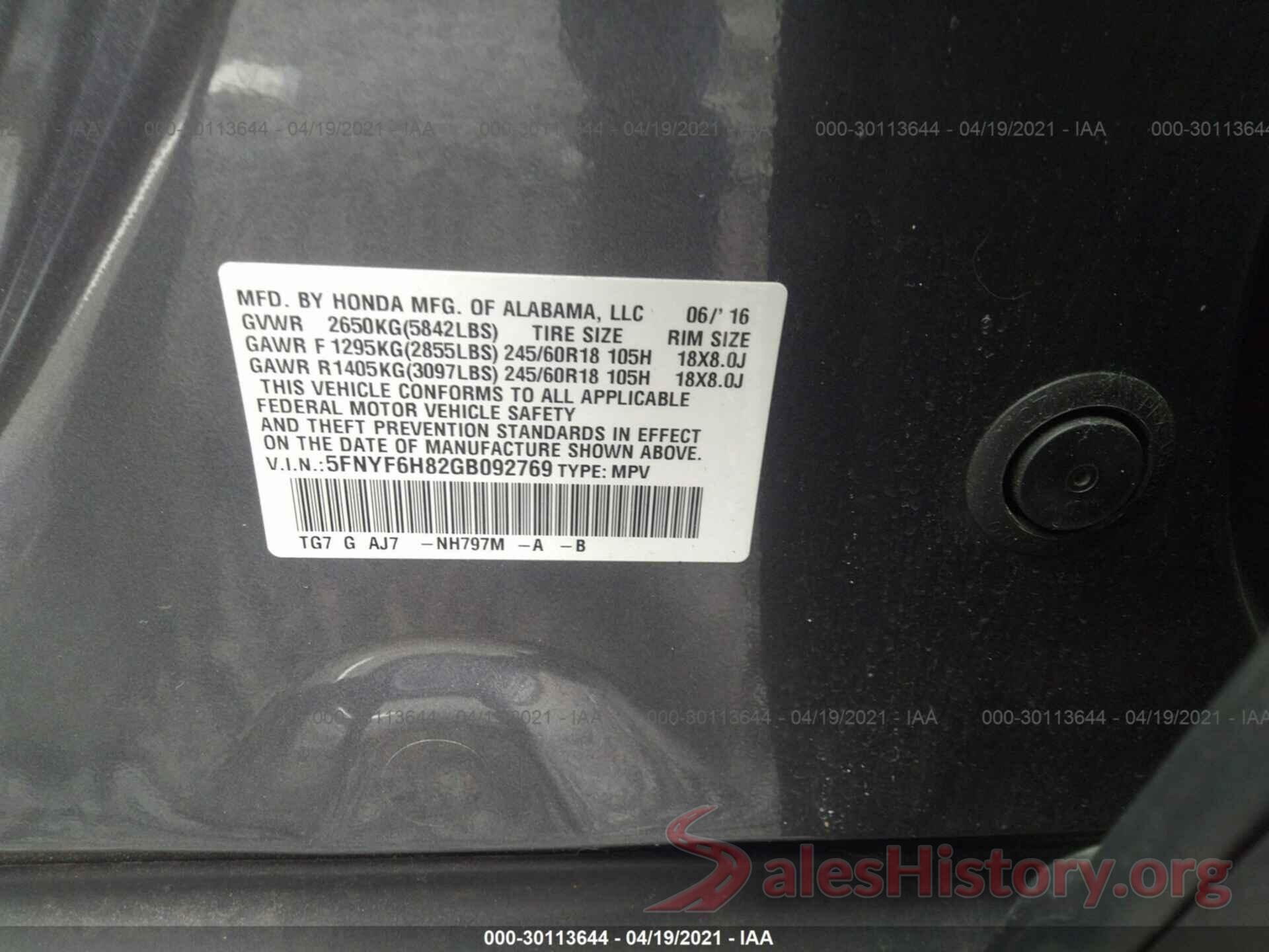 5FNYF6H82GB092769 2016 HONDA PILOT