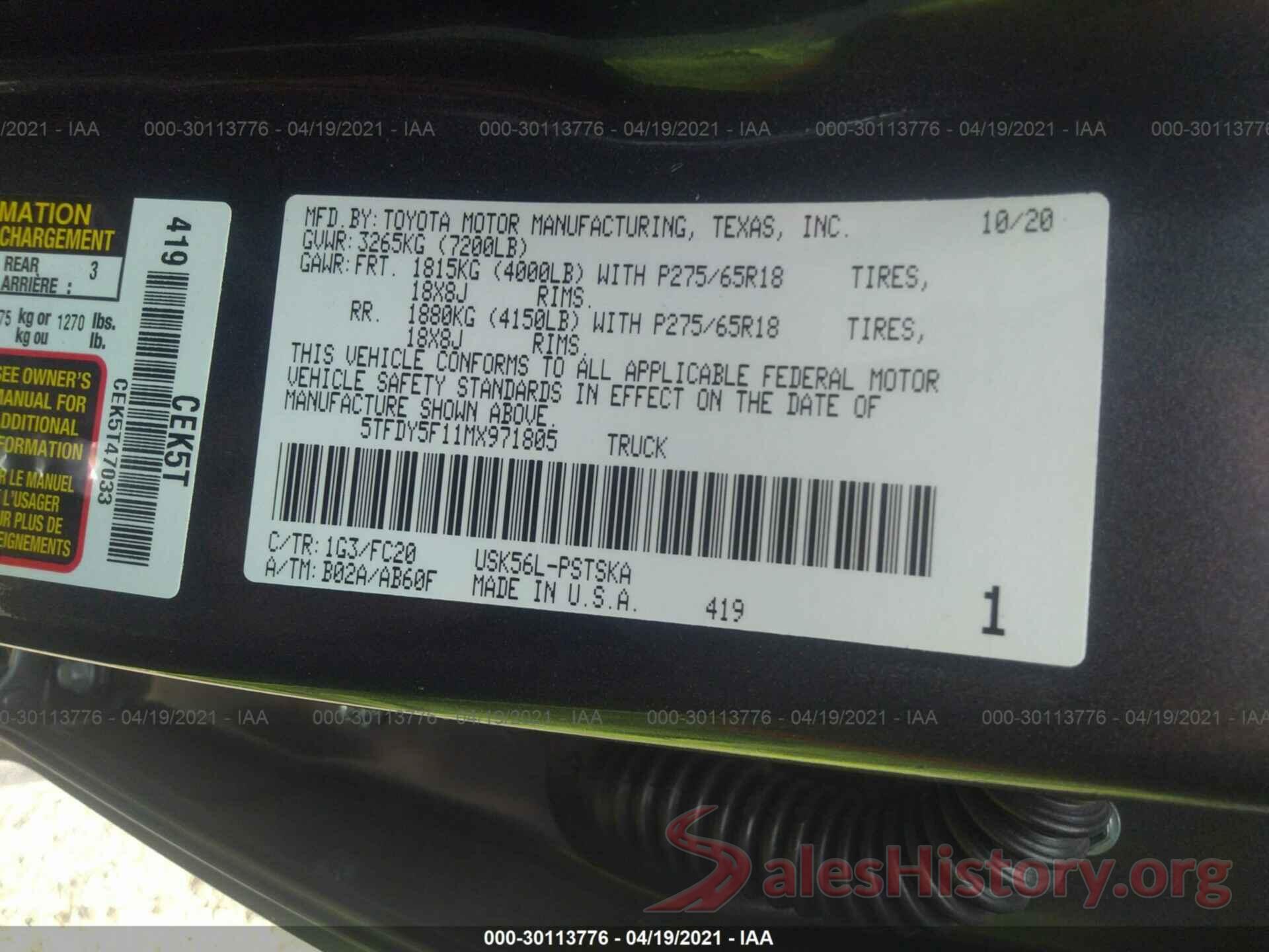 5TFDY5F11MX971805 2021 TOYOTA TUNDRA 4WD