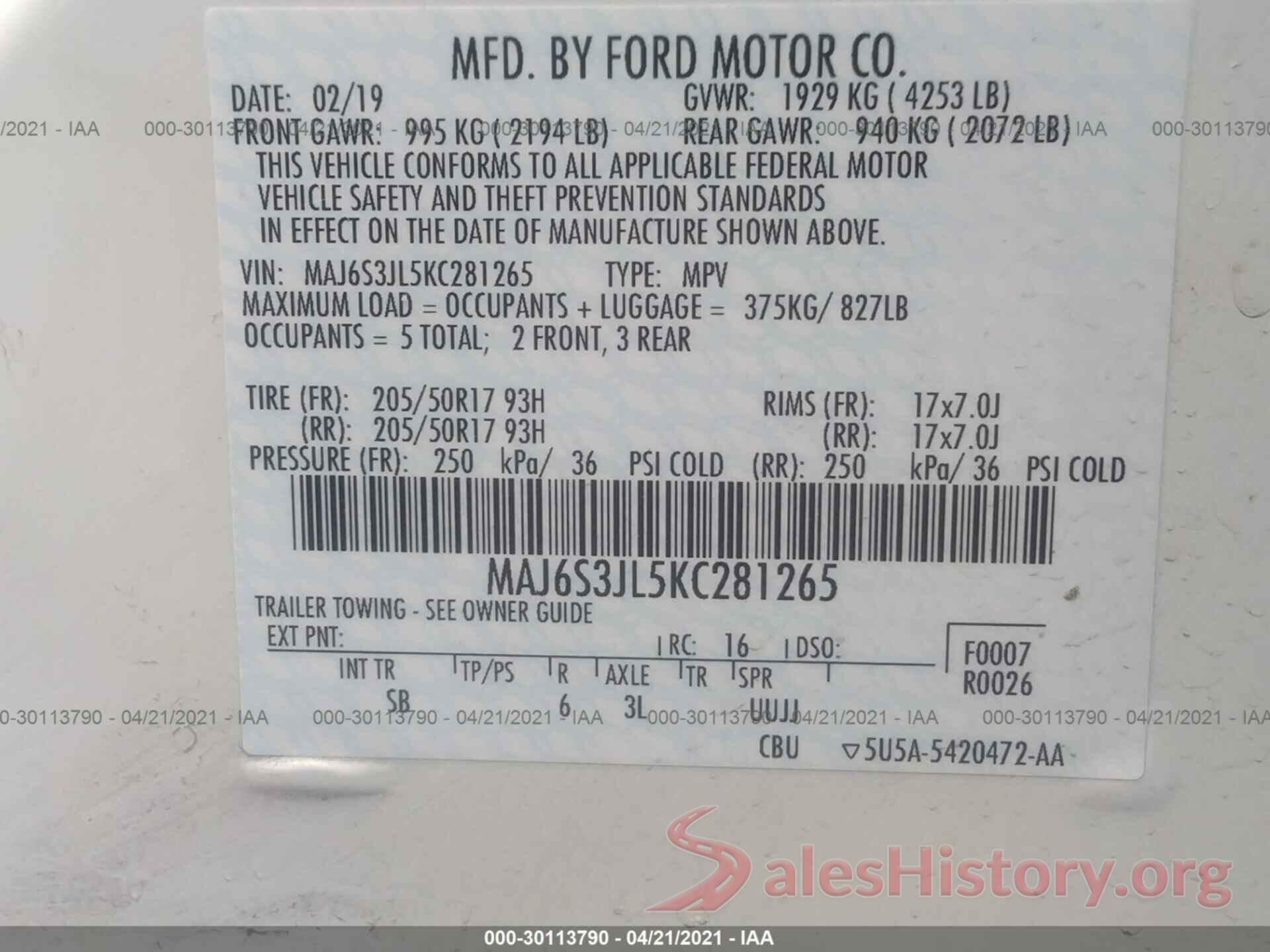 MAJ6S3JL5KC281265 2019 FORD ECOSPORT