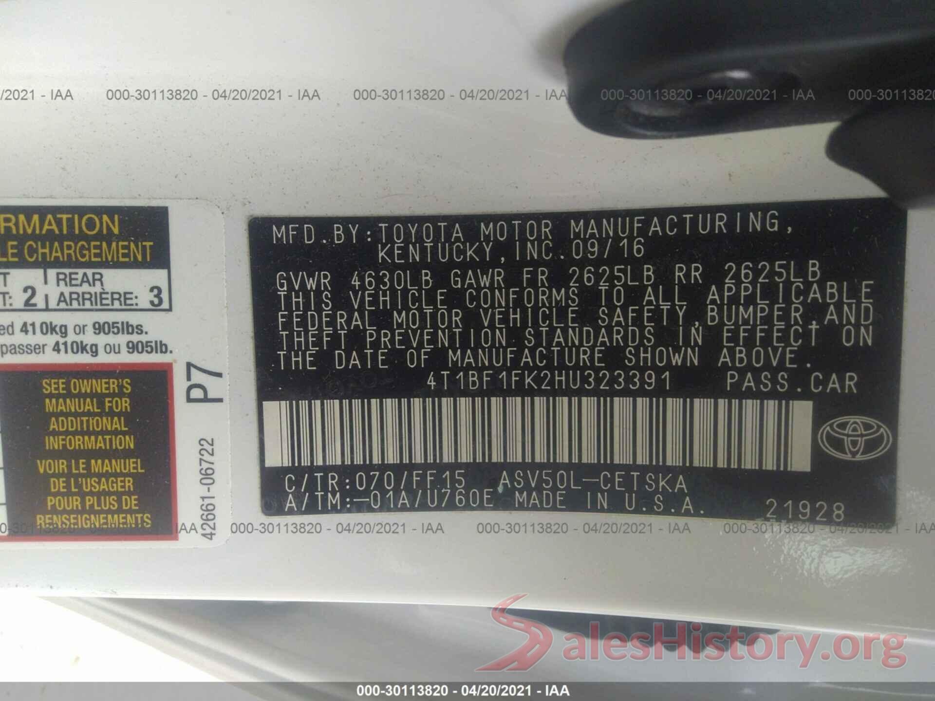 4T1BF1FK2HU323391 2017 TOYOTA CAMRY