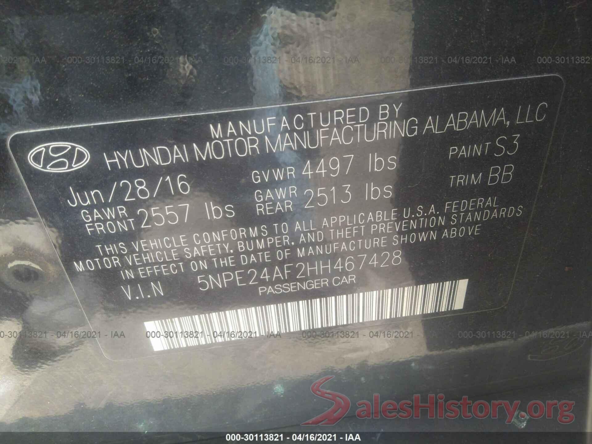 5NPE24AF2HH467428 2017 HYUNDAI SONATA