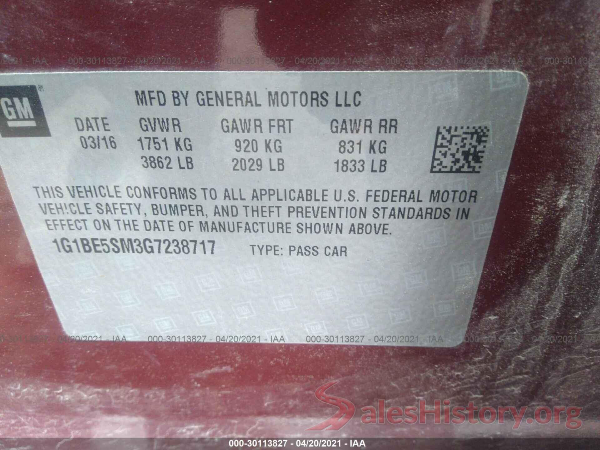 1G1BE5SM3G7238717 2016 CHEVROLET CRUZE