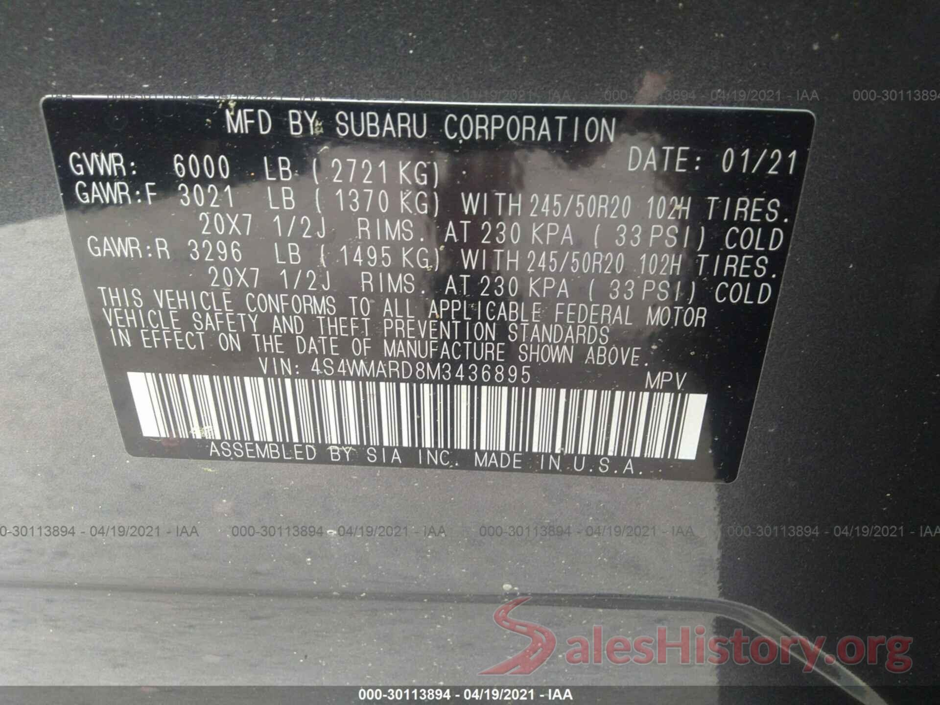 4S4WMARD8M3436895 2021 SUBARU ASCENT