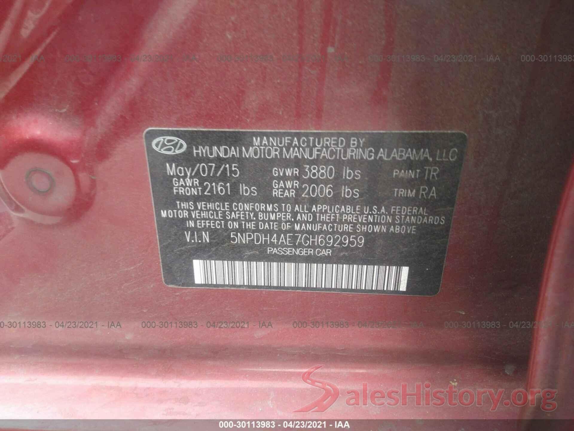 5NPDH4AE7GH692959 2016 HYUNDAI ELANTRA