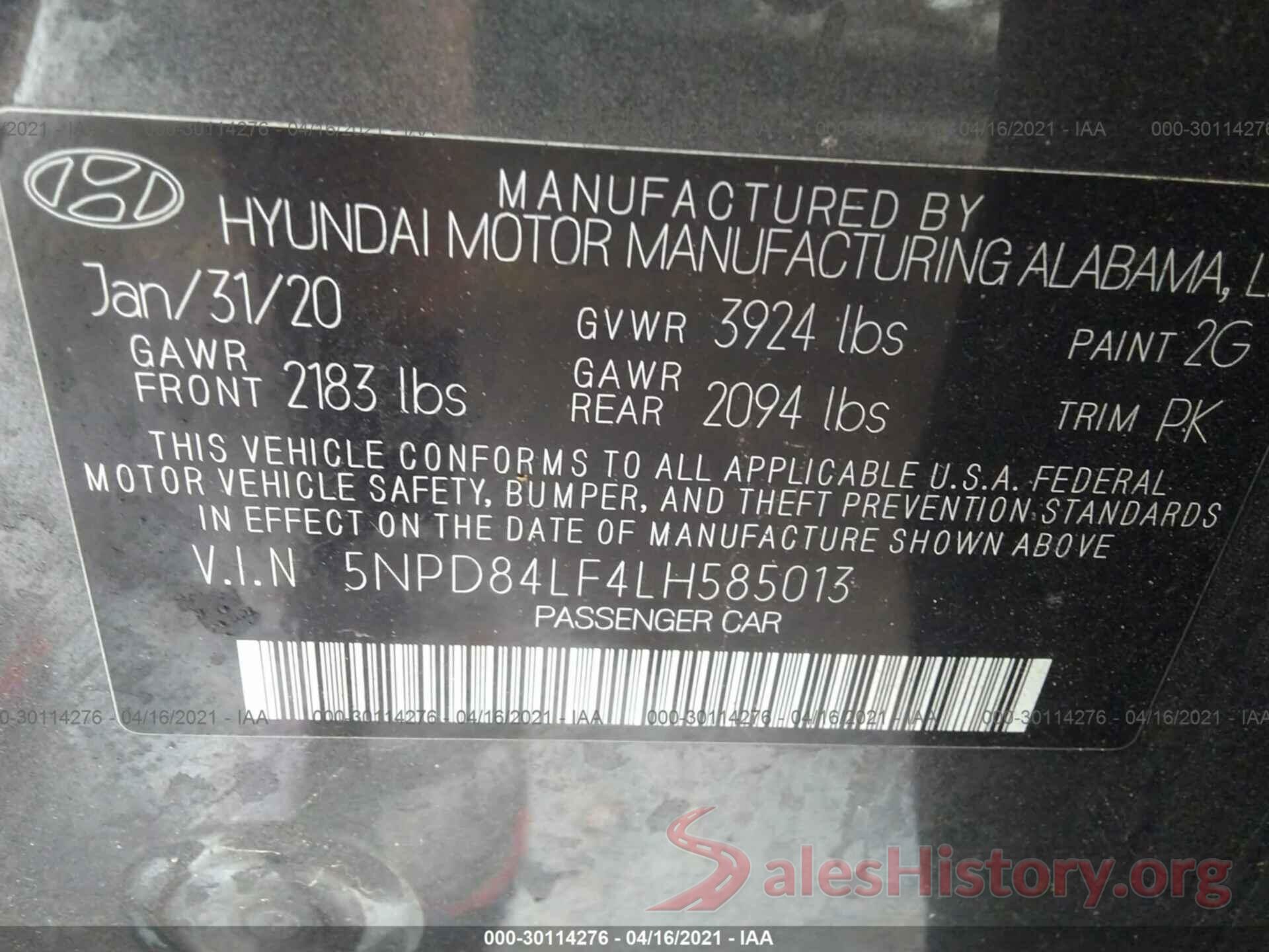 5NPD84LF4LH585013 2020 HYUNDAI ELANTRA