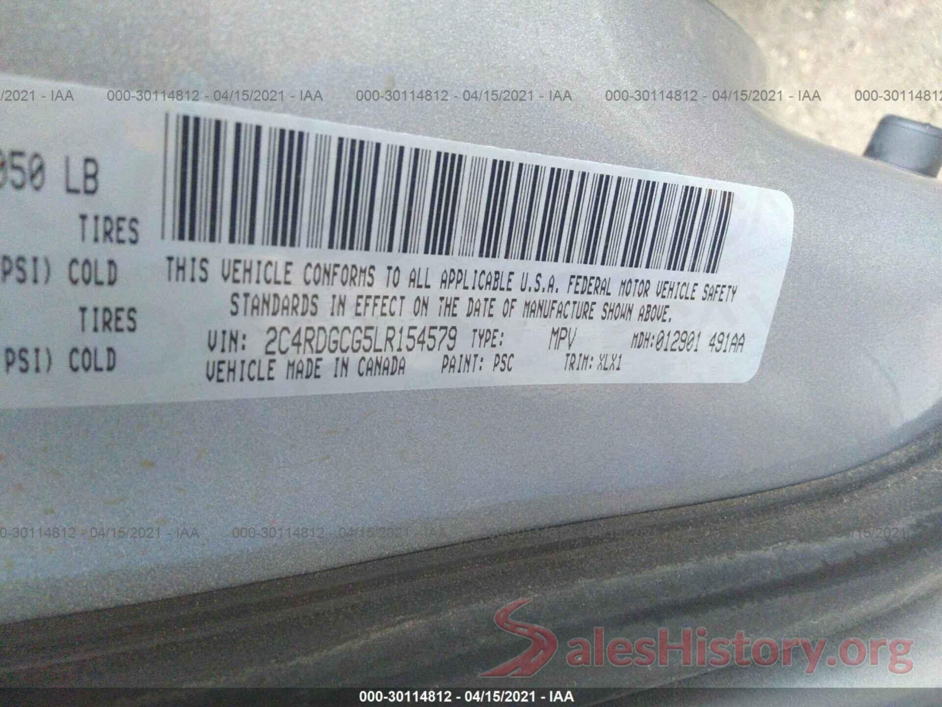 2C4RDGCG5LR154579 2020 DODGE GRAND CARAVAN