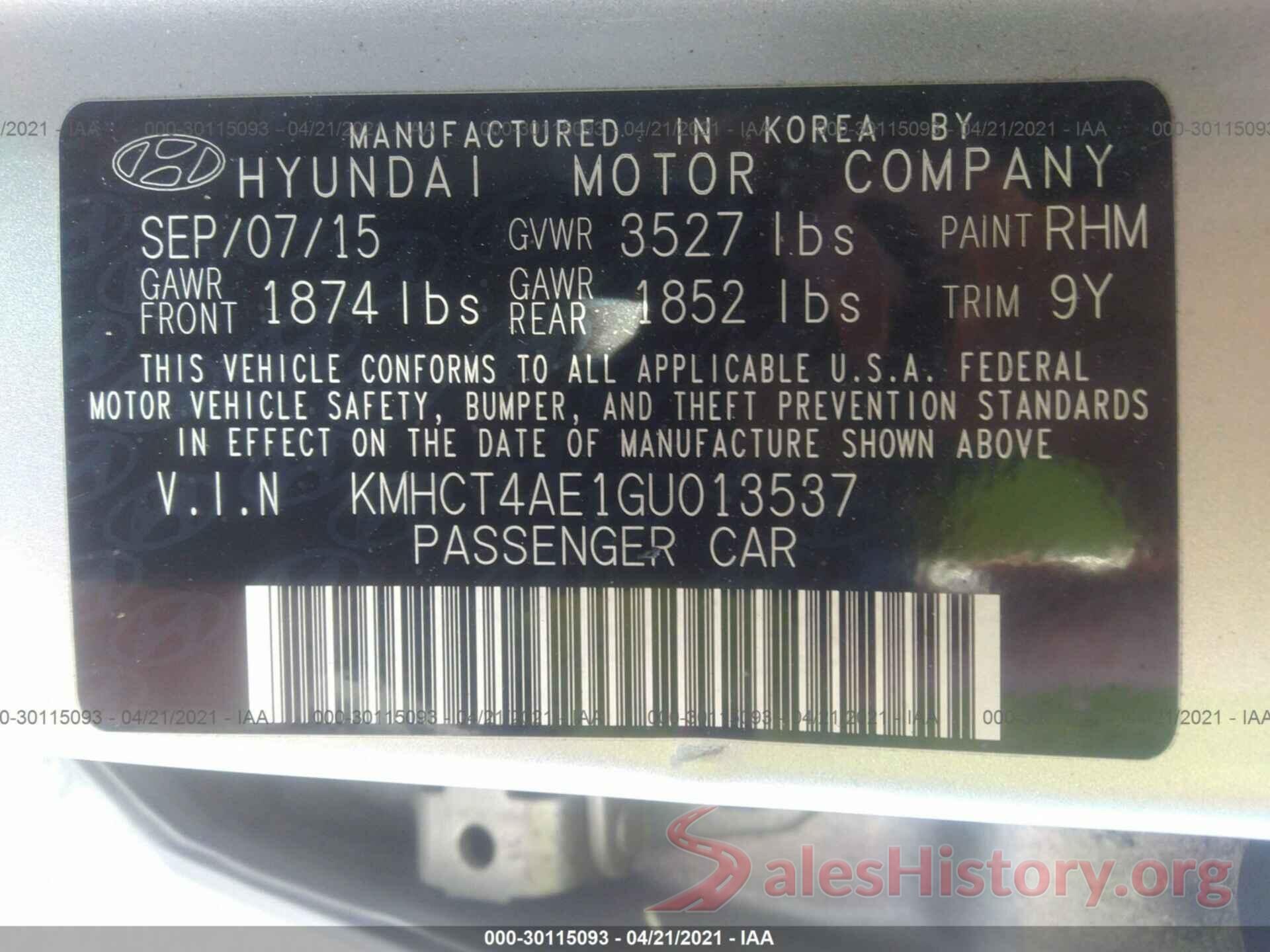 KMHCT4AE1GU013537 2016 HYUNDAI ACCENT