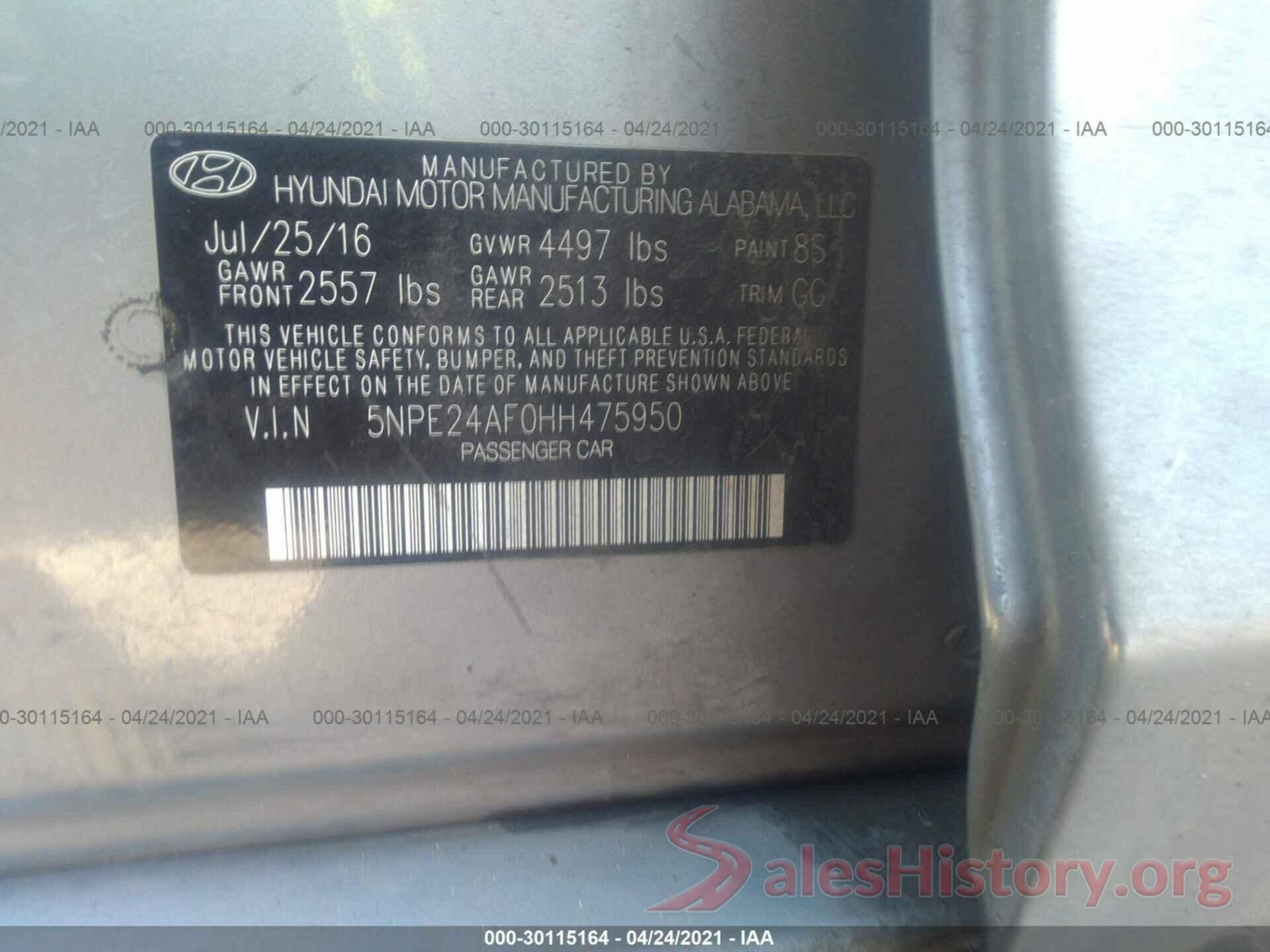 5NPE24AF0HH475950 2017 HYUNDAI SONATA