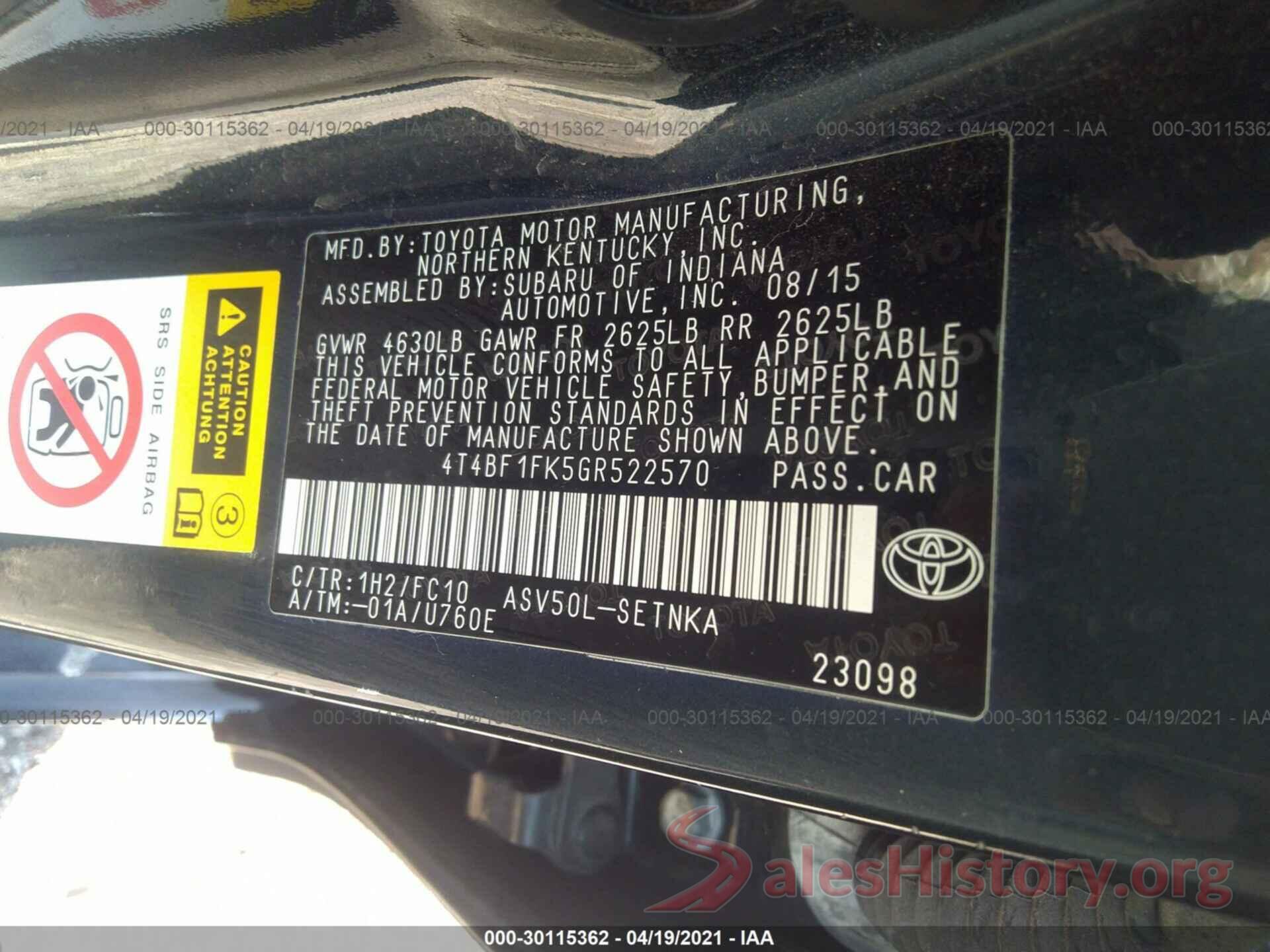 4T4BF1FK5GR522570 2016 TOYOTA CAMRY